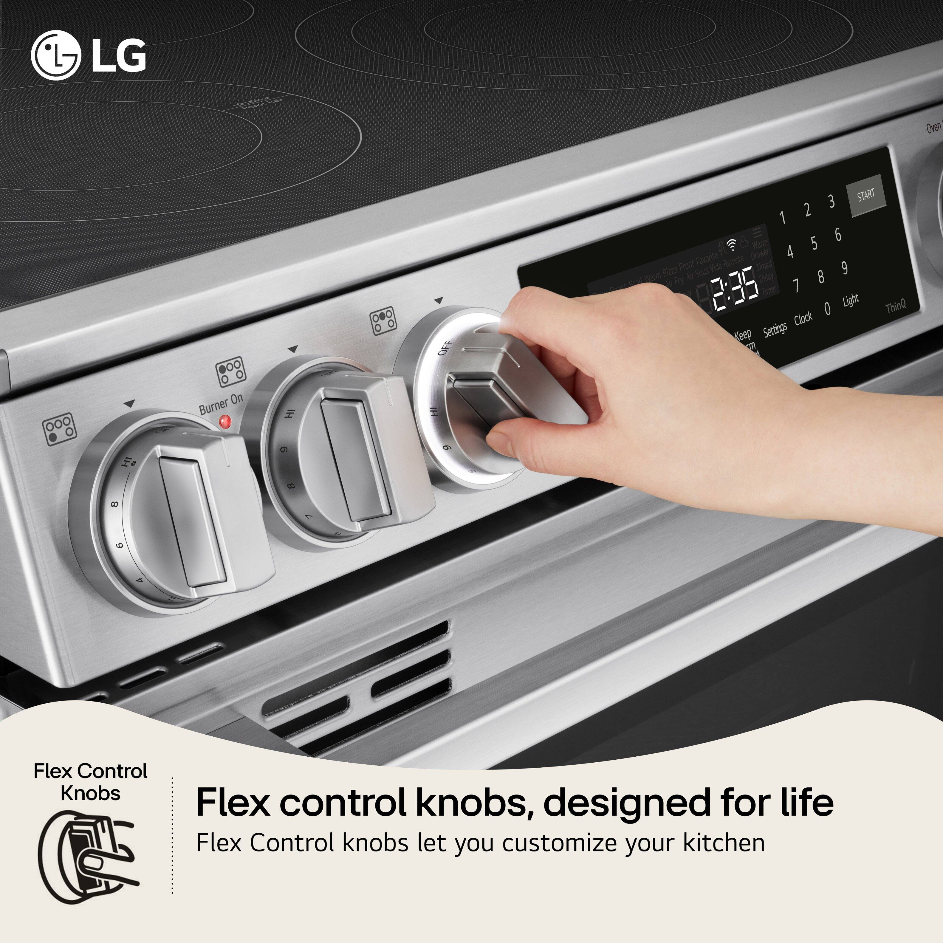 LG Oven with Flex Control Knobs, designed for life. The knobs allow you to customize your kitchen and keep settings on the burner. The image shows a hand pressing a knob on the oven, which is set to 2:35.
