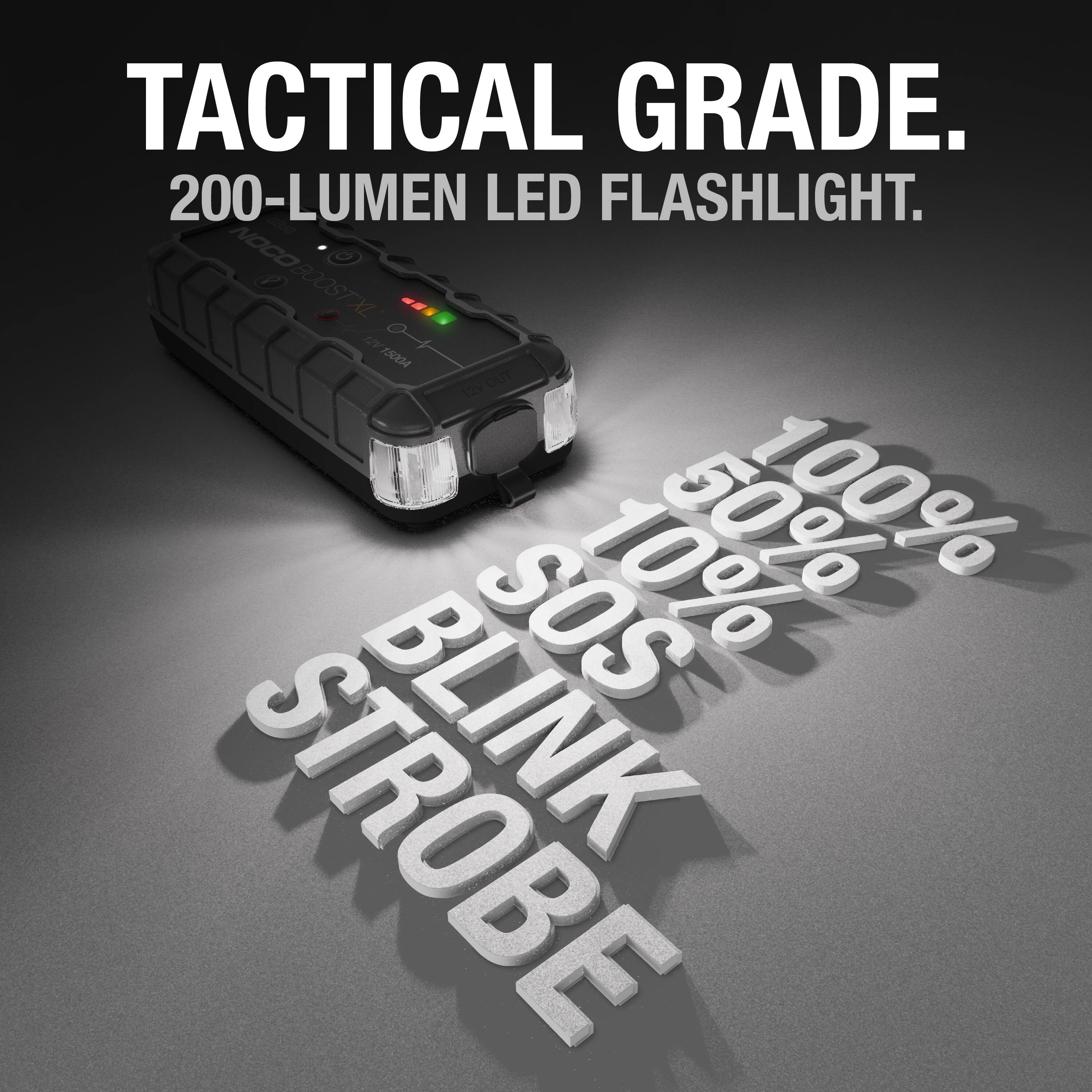 TACTICAL GRADE.  
200-LUMEN LED FLASHLIGHT.  

100%  
50%  
10%  
BLINK SOS  
STROBE