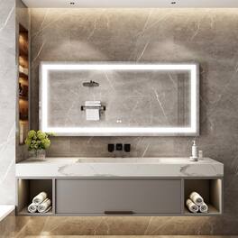 WELLFOR - 60 in W x28 in H Rectangular Frameless Anti-Fog LED Bathroom Vanity Mirror, Wall Mounted Mirror with Memory Function - Silver