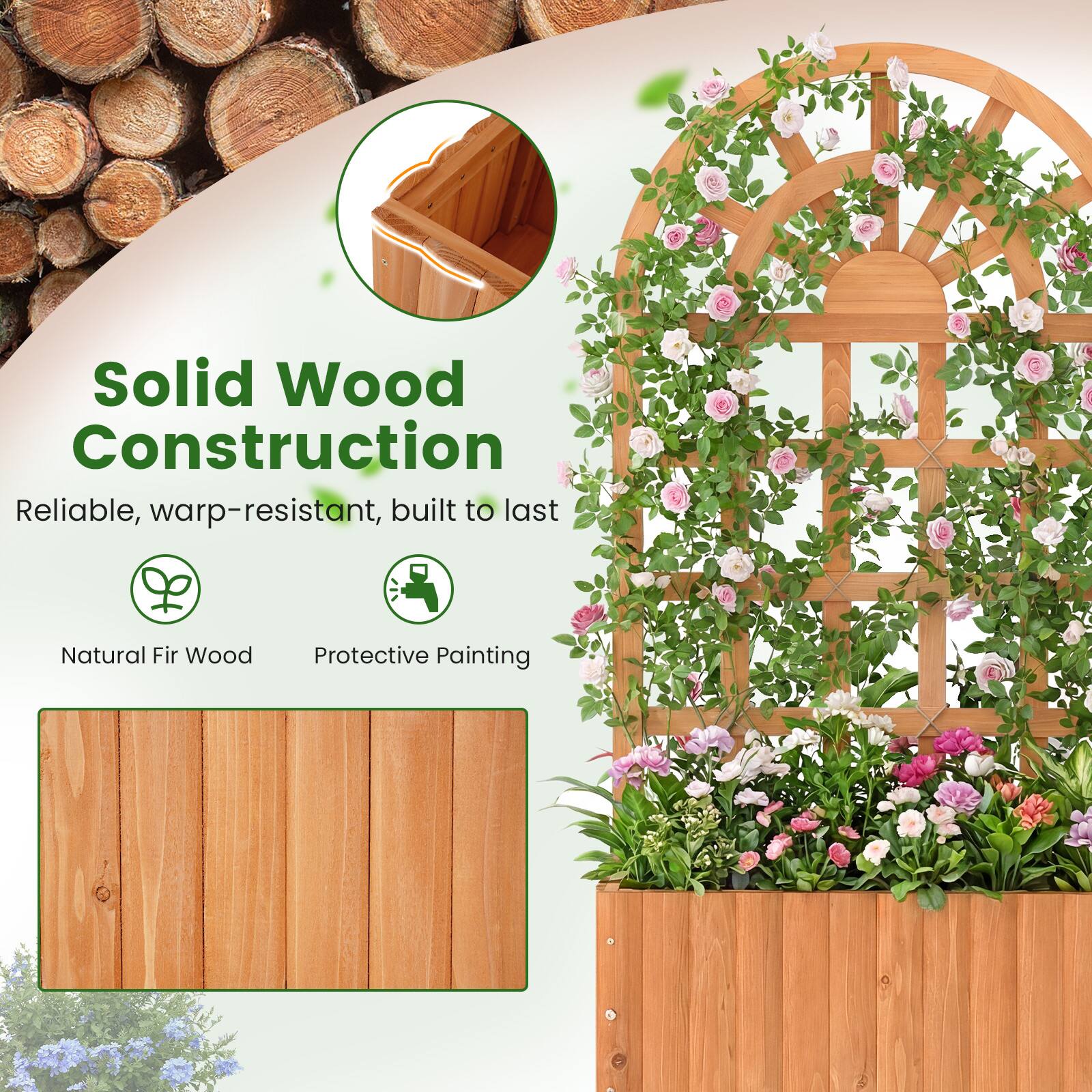 Solid Wood Construction  
Reliable, warp-resistant, built to last  

Natural Fir Wood  
Protective Painting