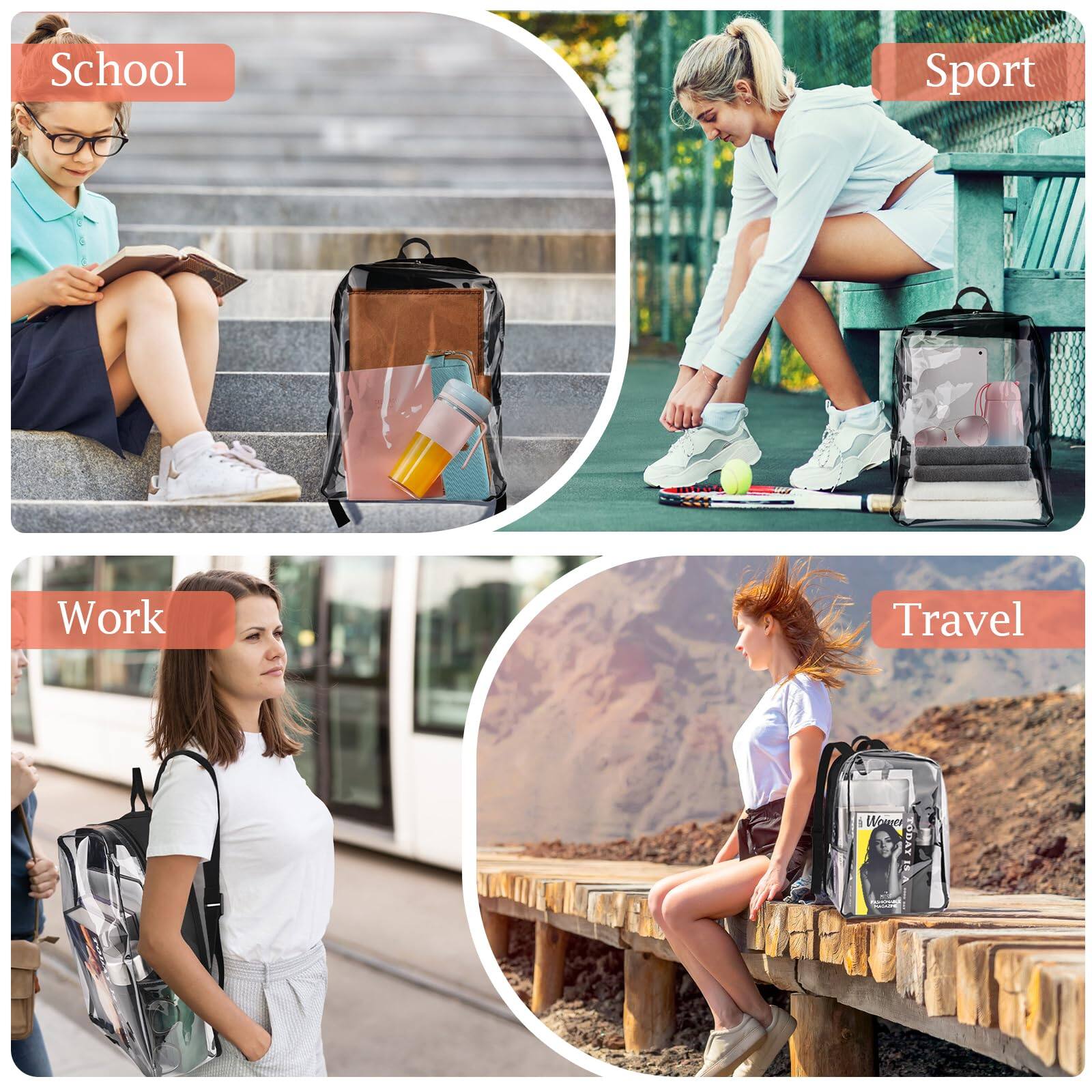 Back. Stamp n Camp - Clear Backpack - Backpacks For School Transparent Bookbag Large See Through Bag Work College Concert  Black 16 Inch - Purple.