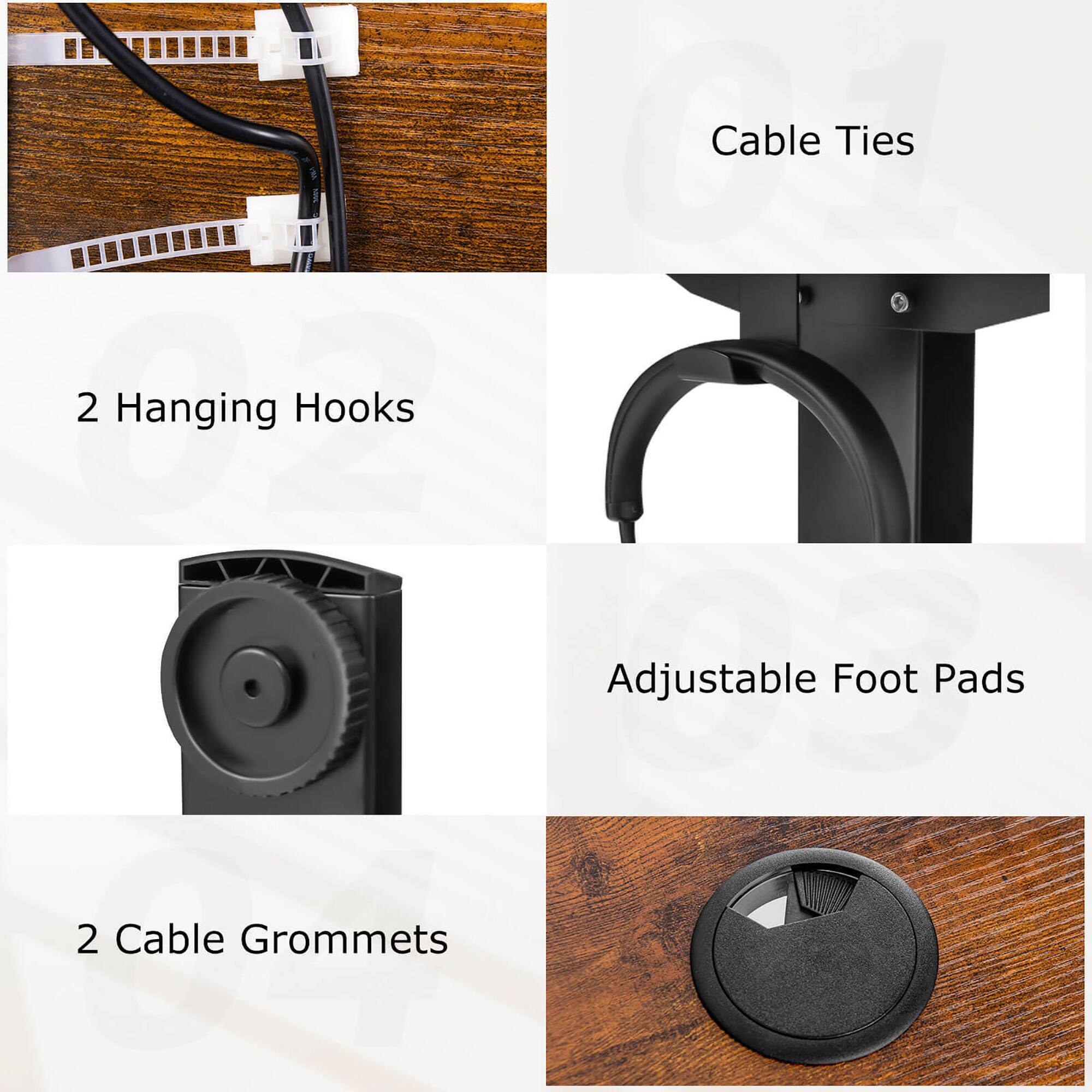 Cable Ties, 2 Hanging Hooks, Adjustable Foot Pads, 2 Cable Grommets