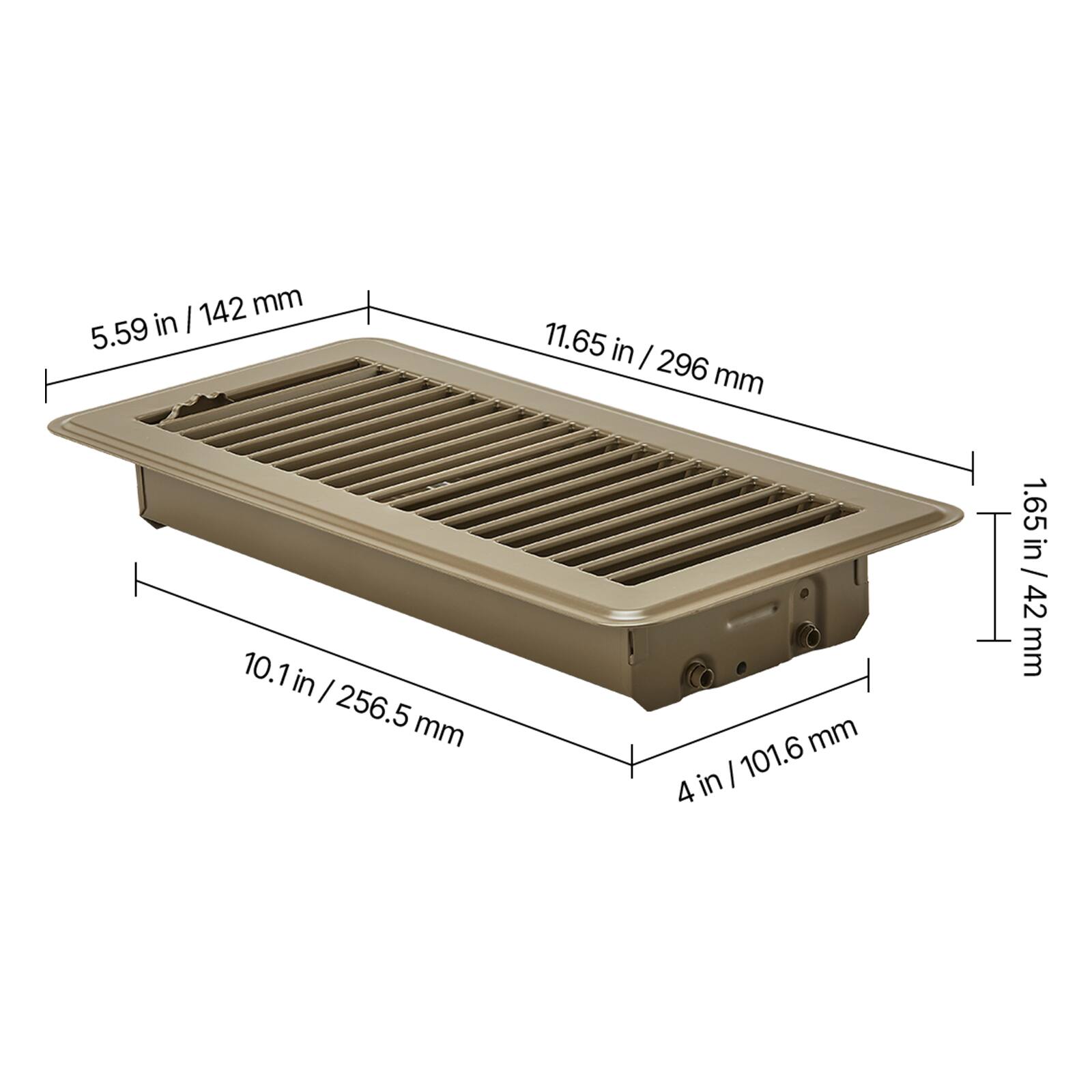 5.59 in / 142 mm  
11.65 in / 296 mm  
1.65 in / 42 mm  
10.1 in / 256.5 mm  
4 in / 101.6 mm