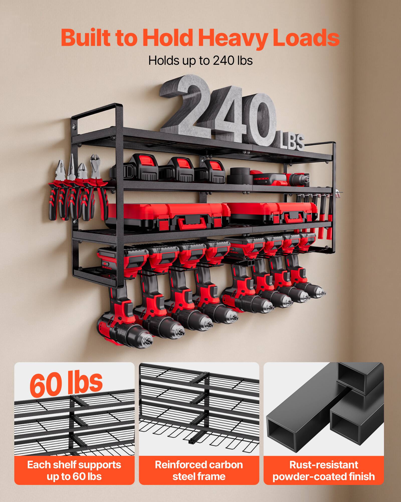 VEVOR Power Tool Organizer Wall Mount, 4 Layer Storage Rack with 8