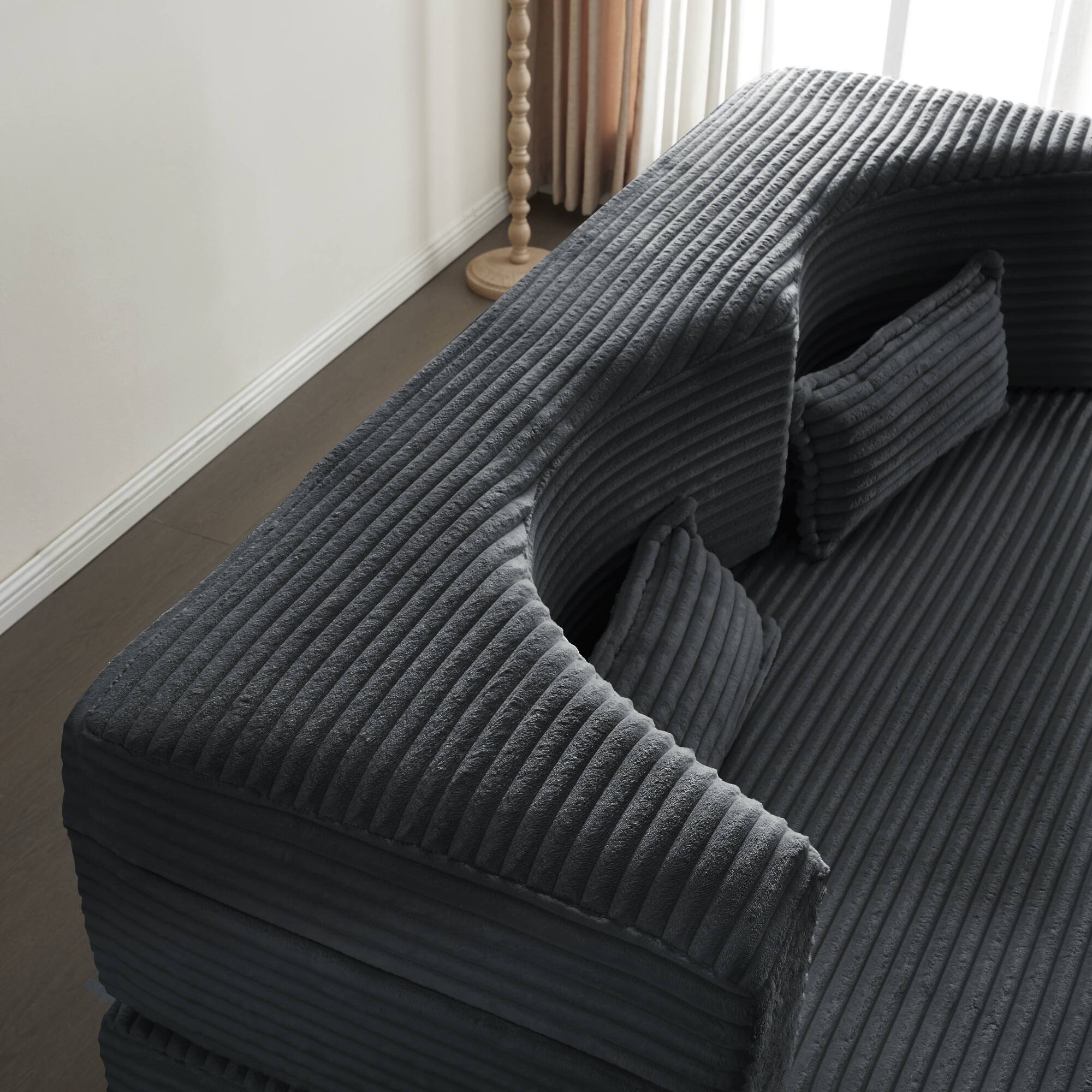 Alt View 4. GOODSILO - Convertible Plush Corduroy Floor Sleeper Sofa with Dual Pillows for Living Room and Guest Use - Dark Grey.