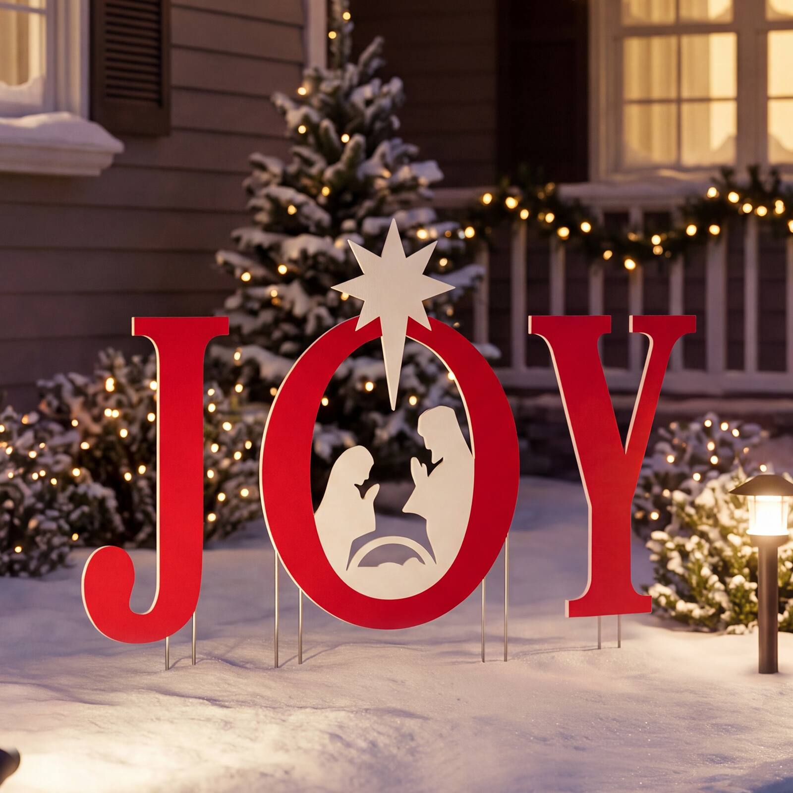 Alt View 3. Costway - Costway 3 PCS JOY Nativity Christmas Yard Sign Set, Holy Family Silhouette - Red & White.