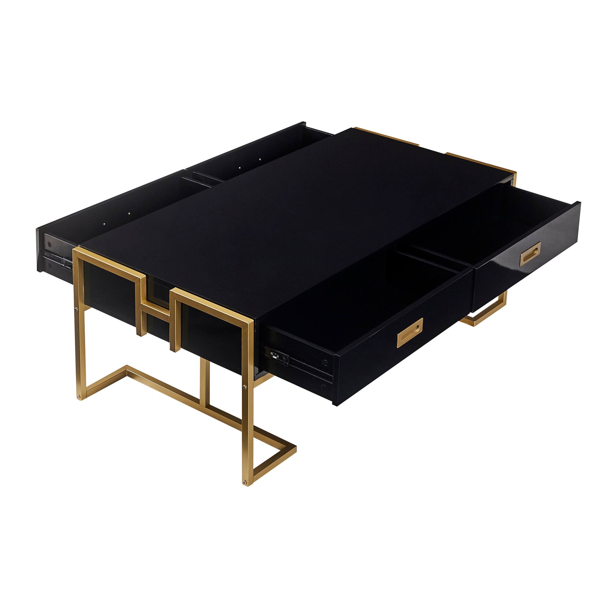 Alt View 6. GOODSILO - Modern Rectangular Coffee Table with Drawers and Metallic Base - Black+Gold.