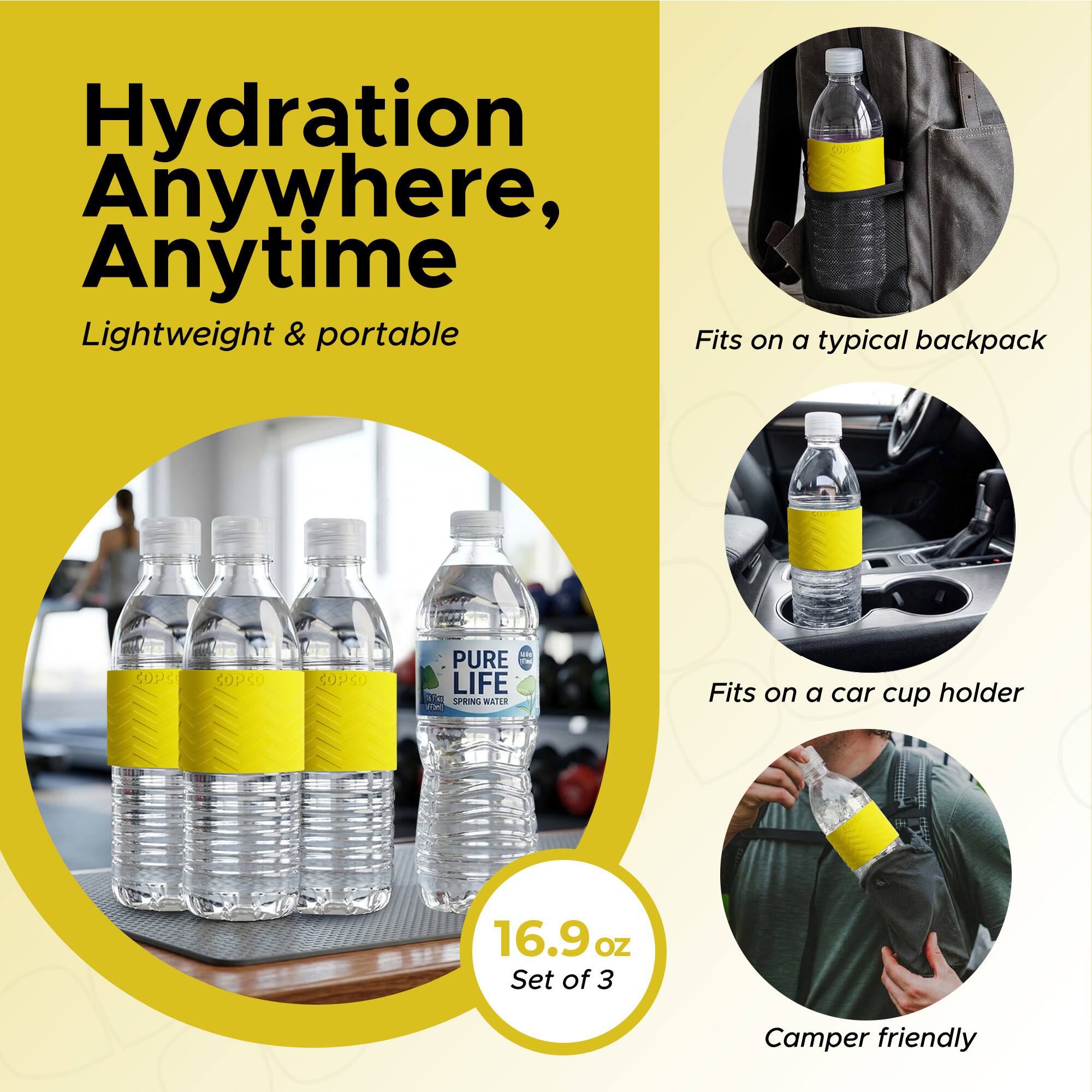 Hydration Anywhere, Anytime  
Lightweight & portable  
Fits on a typical backpack  
Fits on a car cup holder  
16.9 OZ Set of 3  
Camper friendly
