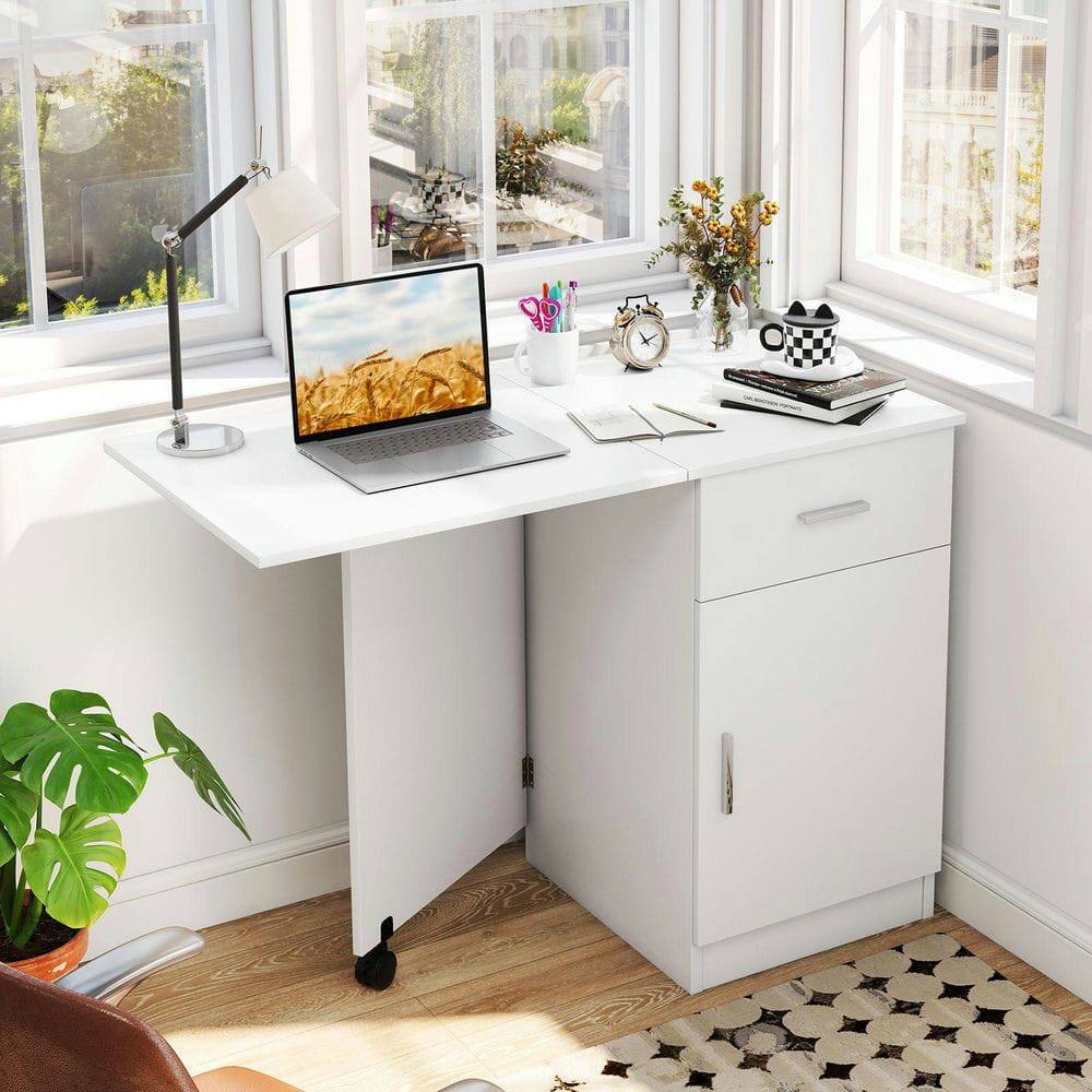 Alt View 1. Kadyn - Folding Mobile Computer Desk - Drawer & Cabinet, Home Office Essential, White - White.