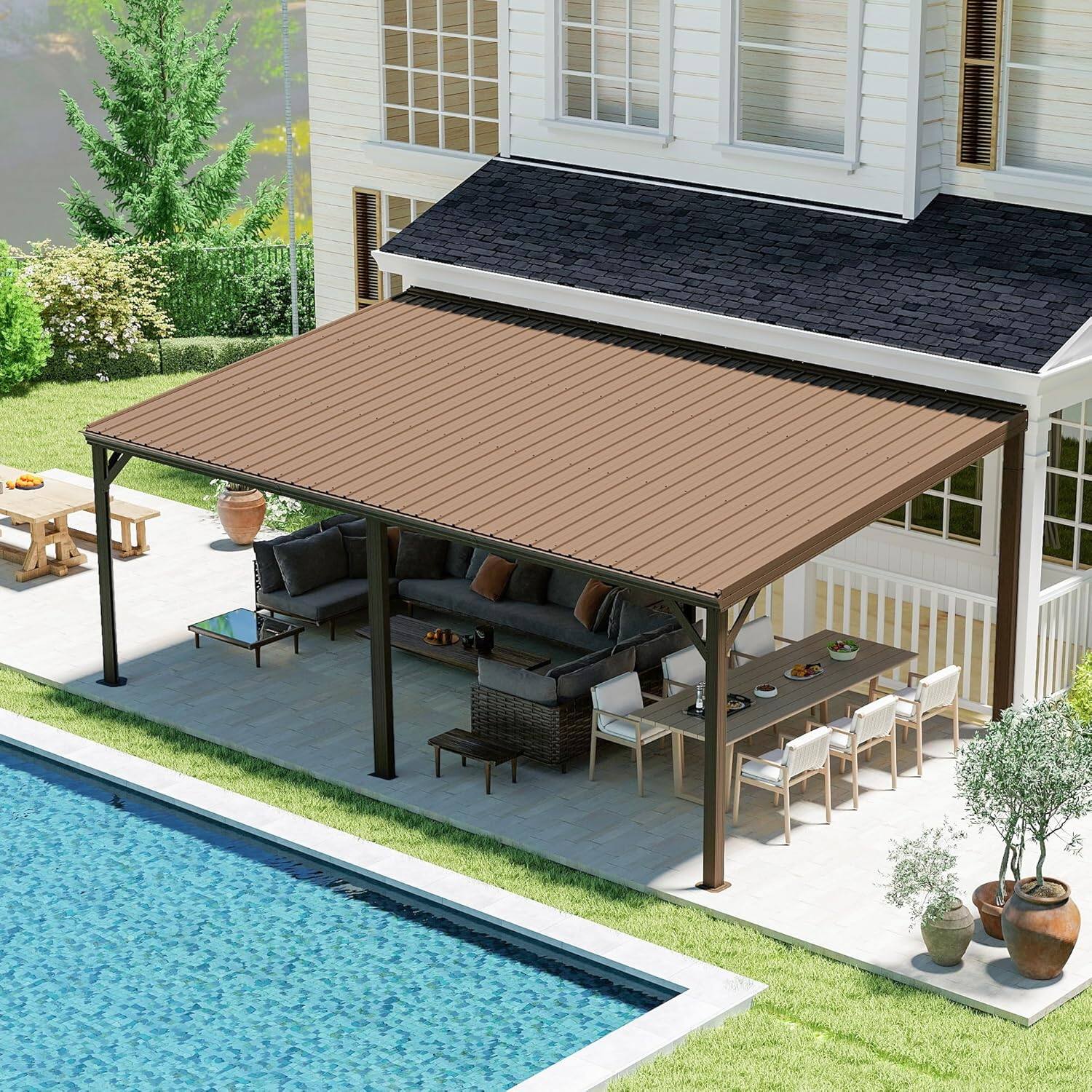 Angle. Mondawe - 10x14FT Lean to Gazebo Hardtop，Expandable Wall Mounted Pergola，Gutters & Galvanized Steel Roof - Brown.