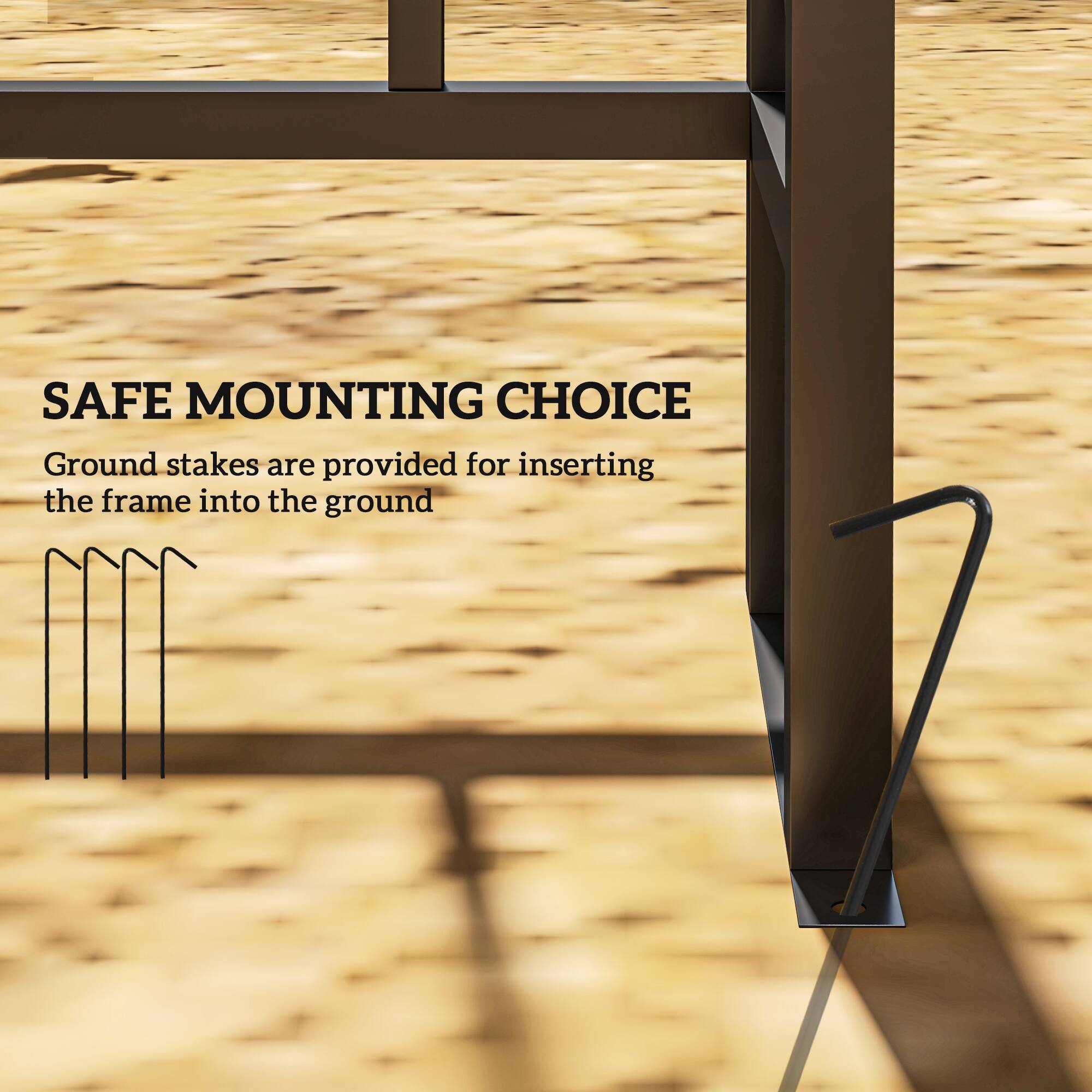 SAFE MOUNTING CHOICE
Ground stakes are provided for inserting the frame into the ground