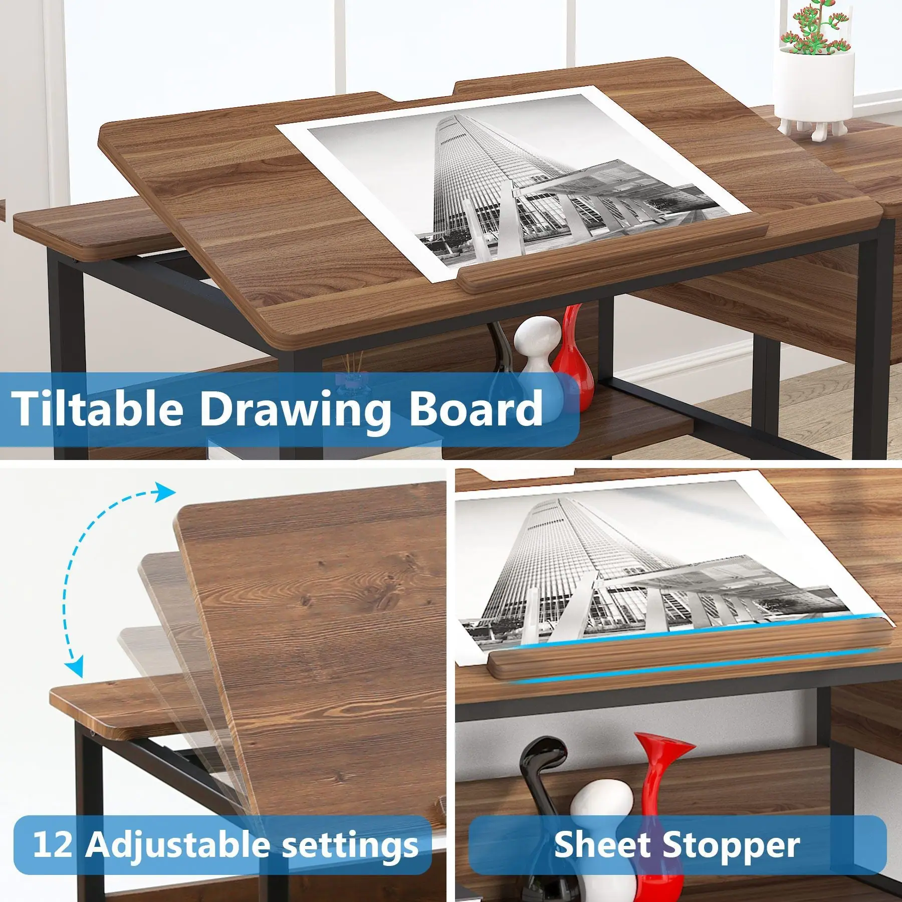 Tiltable Drawing Board  
12 Adjustable settings  
Sheet Stopper