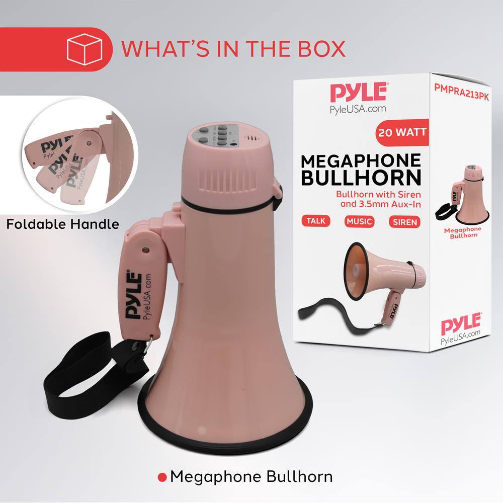 **WHAT'S IN THE BOX**

- Foldable Handle
- Megaphone Bullhorn

**PYLE**  
PyleUSA.com  
20 WATT  
MEGAPHONE BULLHORN  
Bullhorn with Siren and 3.5mm Aux-In  
TALK MUSIC SIREN  

PMRA213PK
