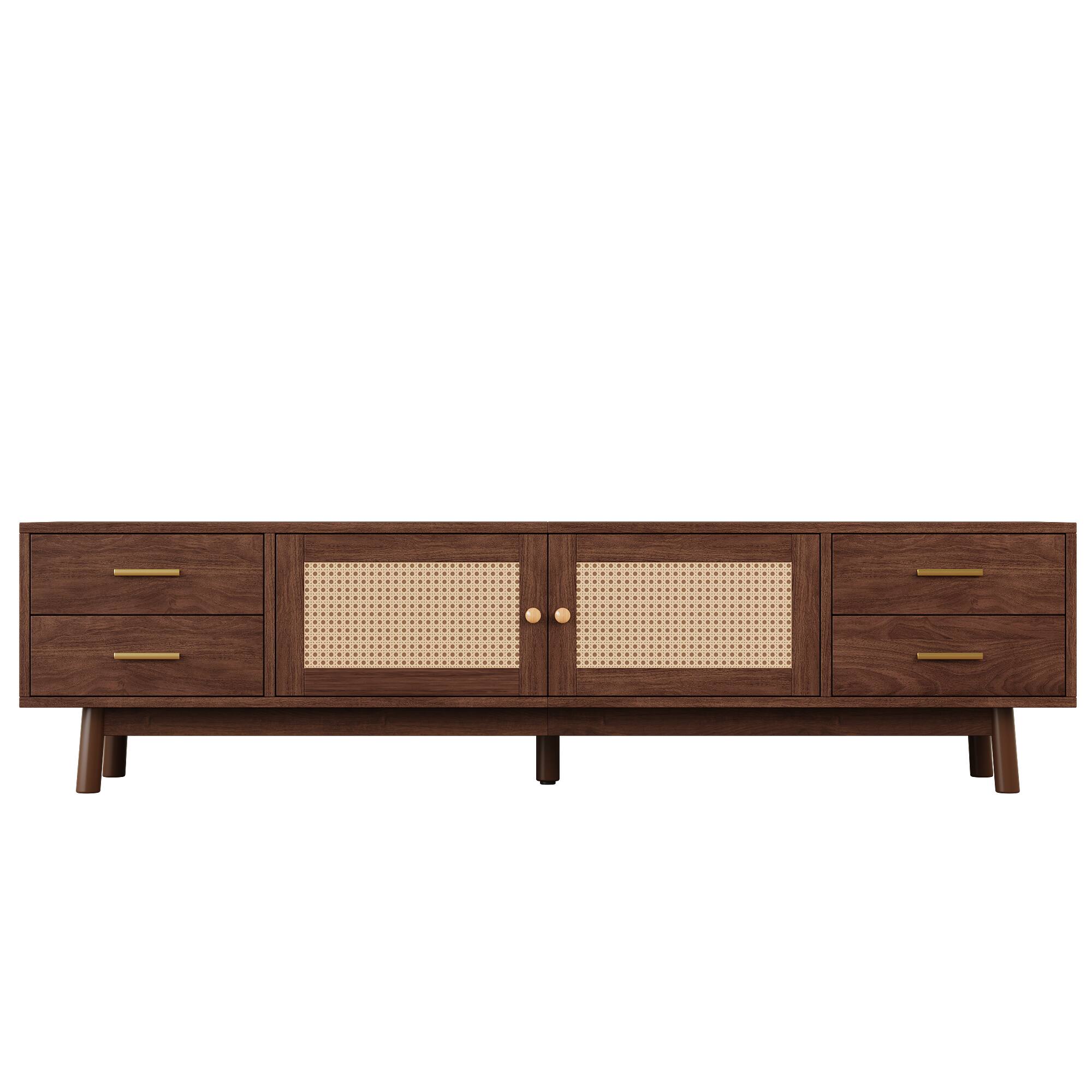 Alt View 3. Z-Edge - Modern TV Stand with Rattan Doors for TVs up to 80", Media Console with 4 Drawers, Entertainment Center for Living Room - Walnut.