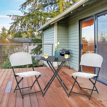 Front. Costway - Costway 3PCS Patio Rattan Bistro Set Folding Table Chairs Garden Deck - Black Frame, White & Blue Rattan.