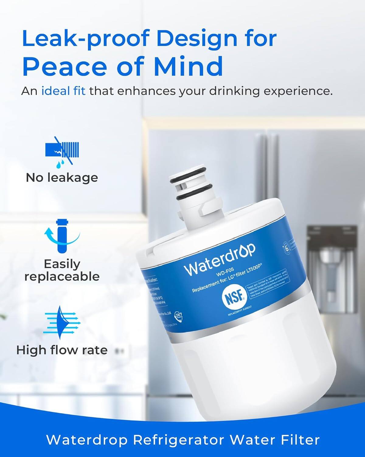 Leak-proof Design for Peace of Mind: An ideal fit that enhances your drinking experience. No leakage. Easily replaceable. High flow rate. Waterdrop Refrigerator Water Filter.