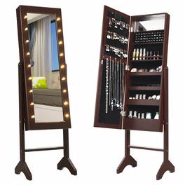 Gymax - Full Length Mirror Jewelry Organizer Vanity Box w/ 18 LED Lights - Brown
