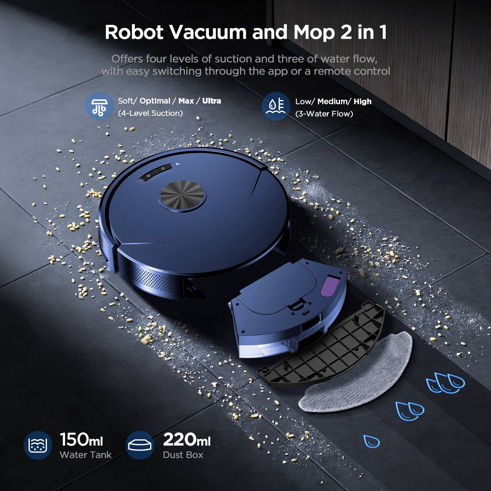 Robot Vacuum and Mop 2 in 1

Offers four levels of suction and three of water flow, with easy switching through the app or a remote control

Soft / Optimal / Max / Ultra  
(4-Level Suction)

Low / Medium / High  
(3-Water Flow)

150ml Water Tank

220ml Dust Box