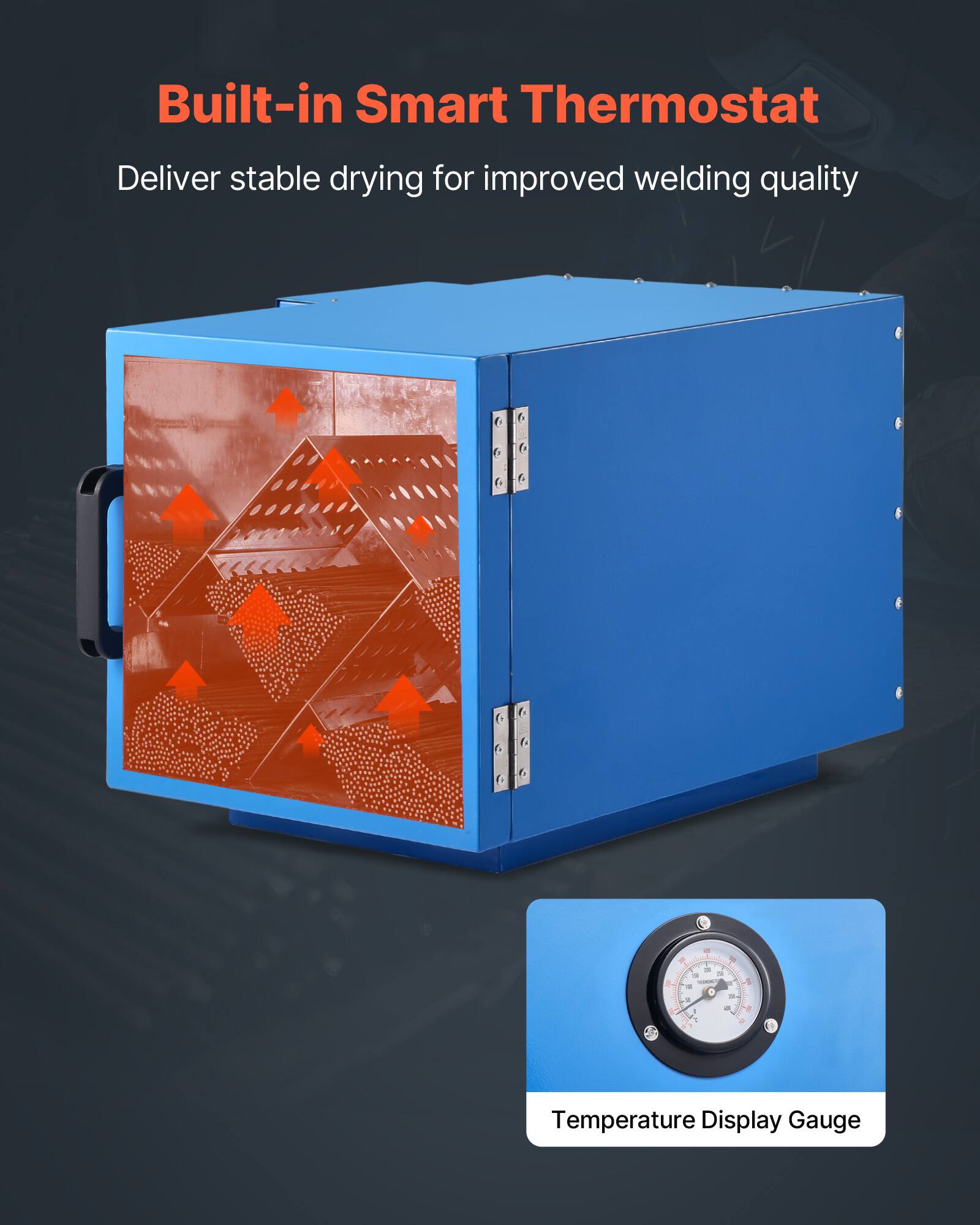 Built-in Smart Thermostat  
Deliver stable drying for improved welding quality  

11 N 100%  
3  
35  
it  

Temperature Display Gauge