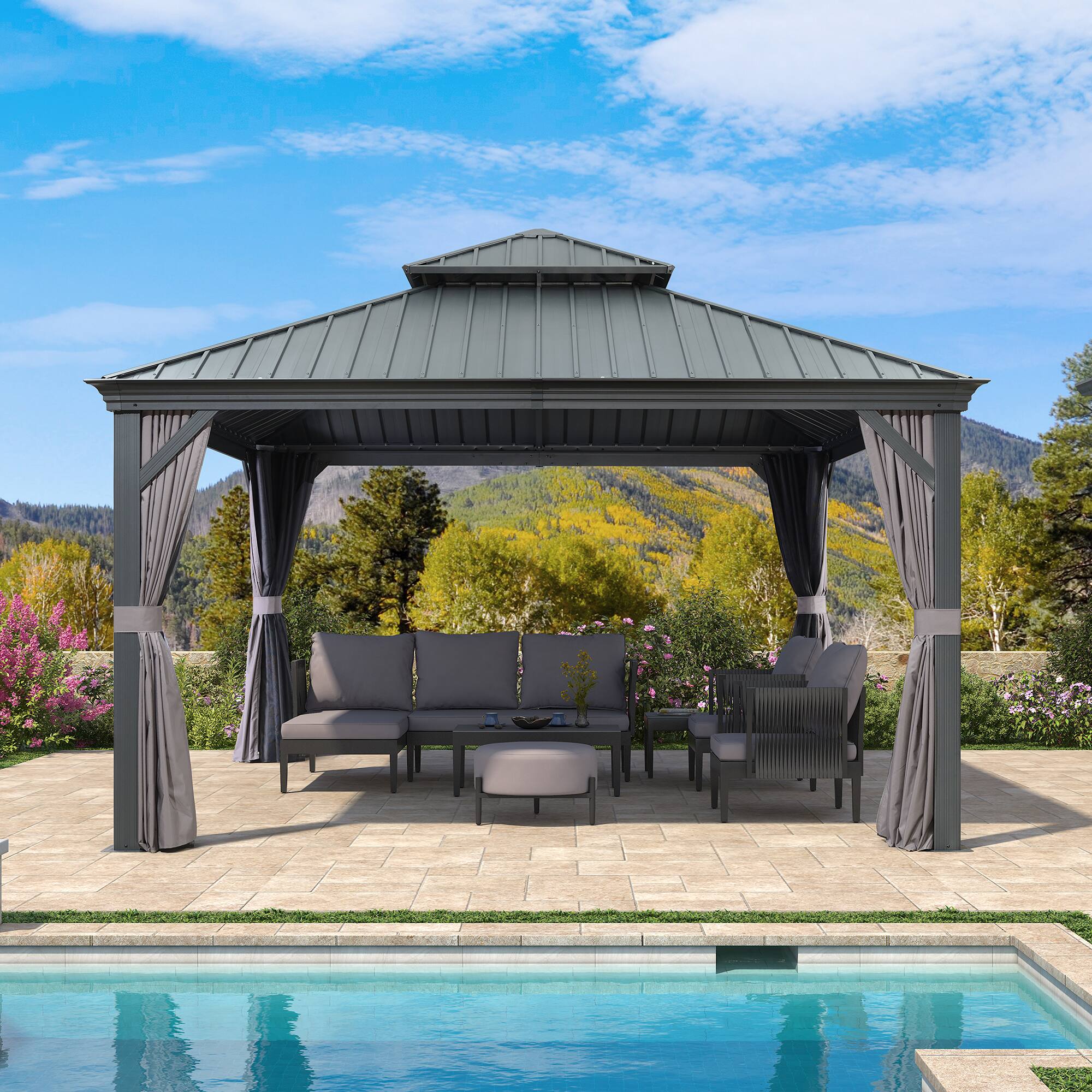 Alt View 2. PURPLE LEAF - 13' X 13' Permanent Hardtop Aluminum Gazebo with Double Roof for Patio Lawn and Garden, Curtains and Netting Included - 13' x 13'.