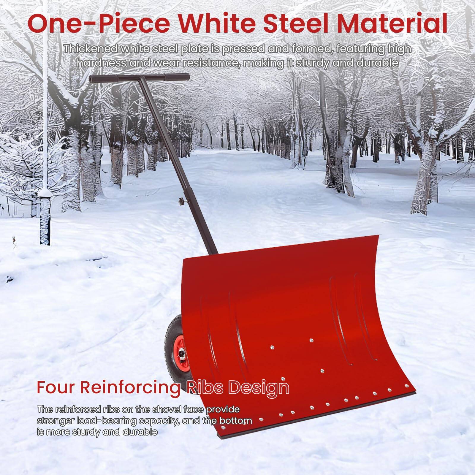 One-Piece White Steel Material  
Thickened white steel plate is pressed and formed, featuring high hardness and wear resistance, making it sturdy and durable  

Four Reinforcing Ribs Design  
The reinforced ribs on the shovel face provide stronger load-bearing capacity, and the bottom is more sturdy and durable