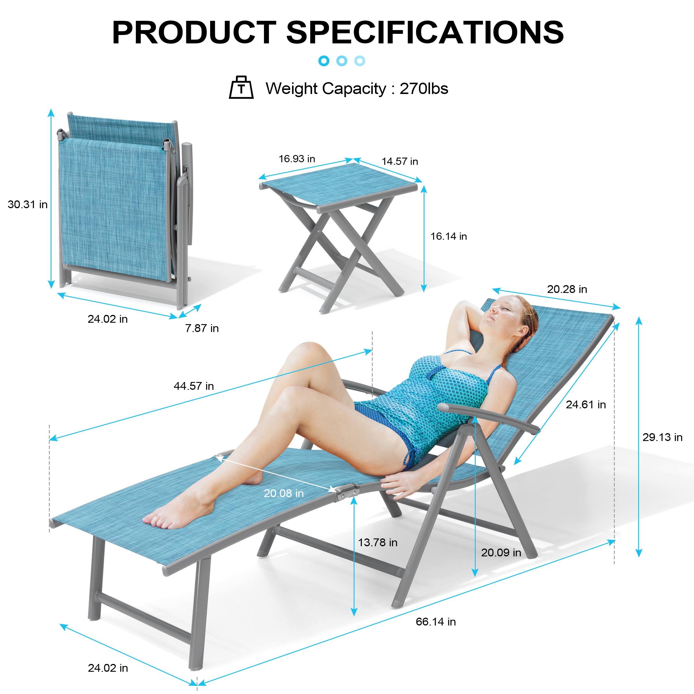 PRODUCT SPECIFICATIONS

Weight Capacity: 270lbs

- 30.31 in
- 24.02 in
- 7.87 in
- 44.57 in
- 20.08 in
- 13.78 in
- 20.09 in
- 66.14 in
- 24.02 in
- 24.61 in
- 29.13 in
- 16.93 in
- 14.57 in
- 16.14 in
- 20.28 in
- 20.09 in