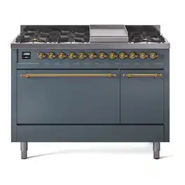 ILVE - Nostalgie II Series 48 in. Dual Fuel Range with 8 Sealed Burners + Griddle (Liquid Propane, Brass Trim) - Blue Grey