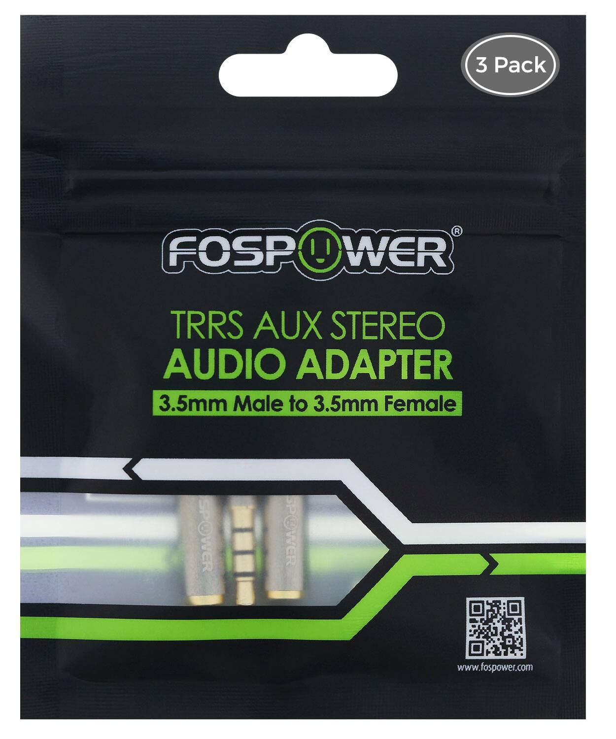 FOSPOWER, TRRS AUX STEREO AUDIO ADAPTER, 3.5mm Male to 3.5mm Female, 3 Pack, www.fospower.com