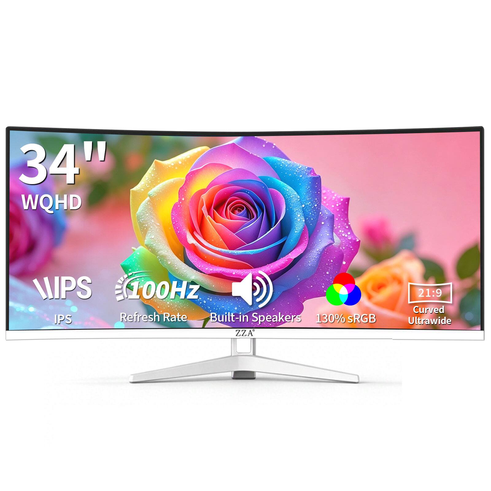 ZZA - 34 Inch 21:9 UWQHD 100Hz IPS Ultrawide Curved Monitor - White