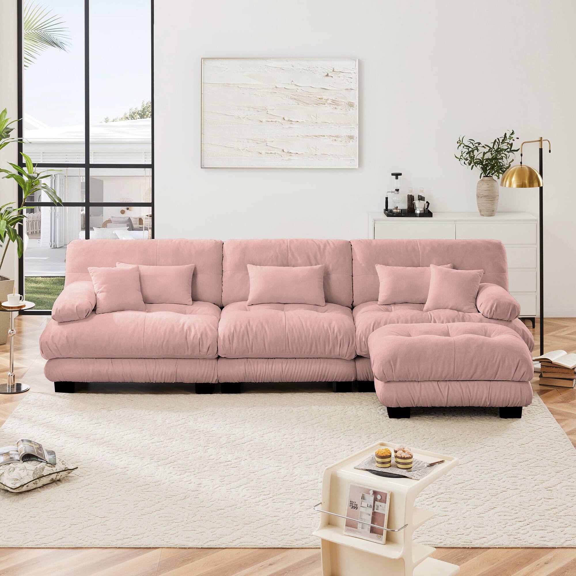Left. DOMETOUR - Luxury Modular Sectional Sofa Couch,Oversized L Shaped Cloud Couch,Deep Seat Sofa Couch with Convertible Ottoman - Chenille Pink.