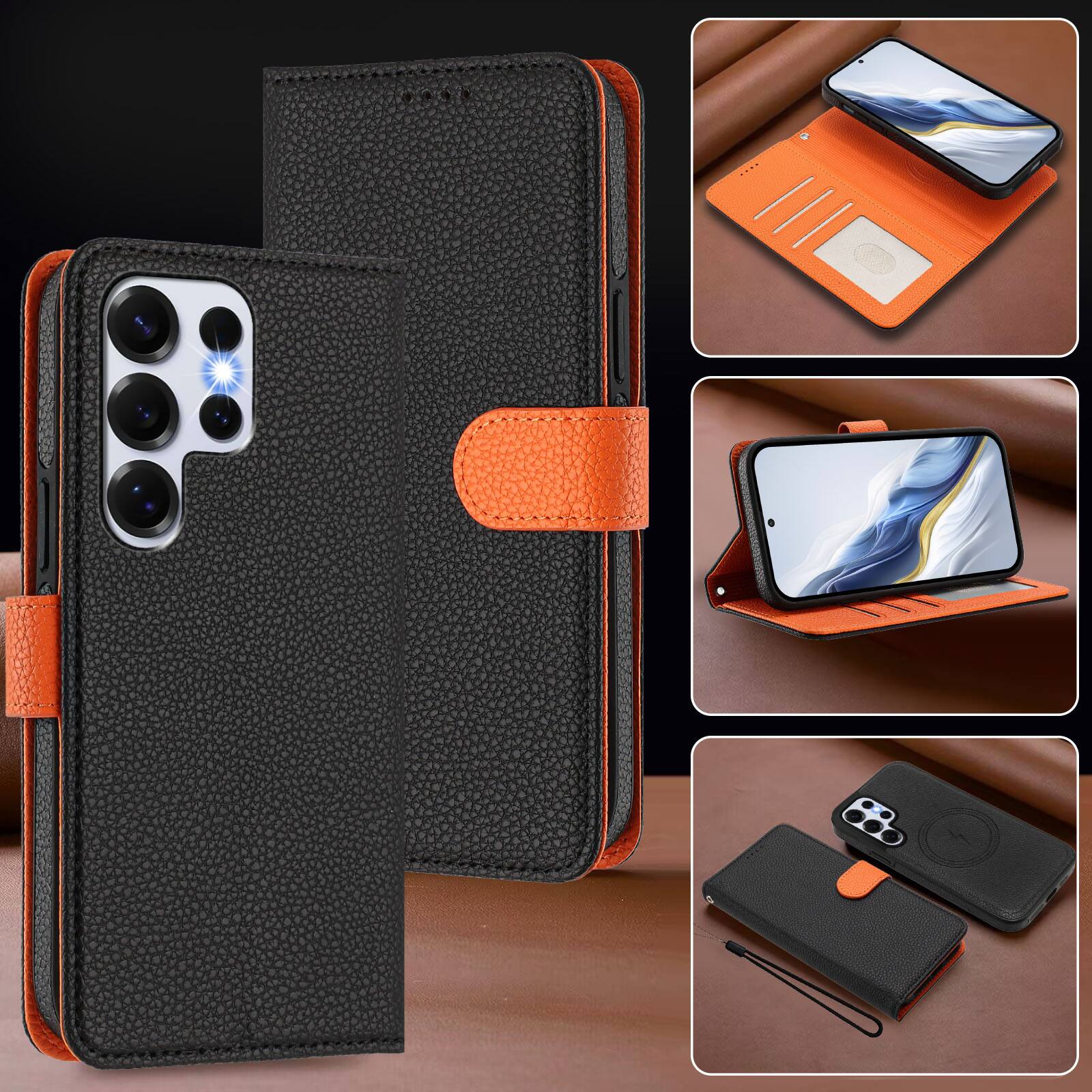 Alt View 2. Dteck - Magnetic Detachable Wallet Case for Samsung Galaxy S25 Ultra,PU Leather Card Holder Flip Cover with Wrist Strap - Black.