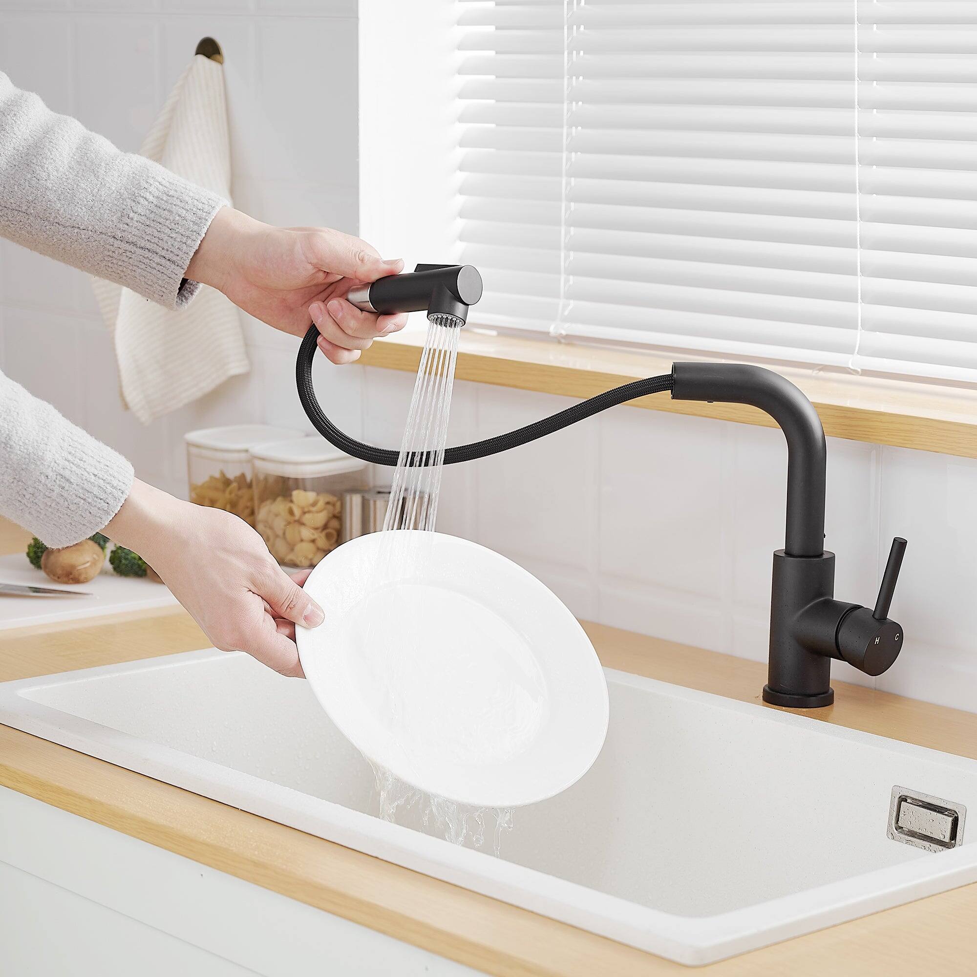 Back. Boyel Living - Matte Black 2 Spray Patterns Stainless Steel Pull Out Kitchen Faucet with Water Supply Hoses - Matte Black.