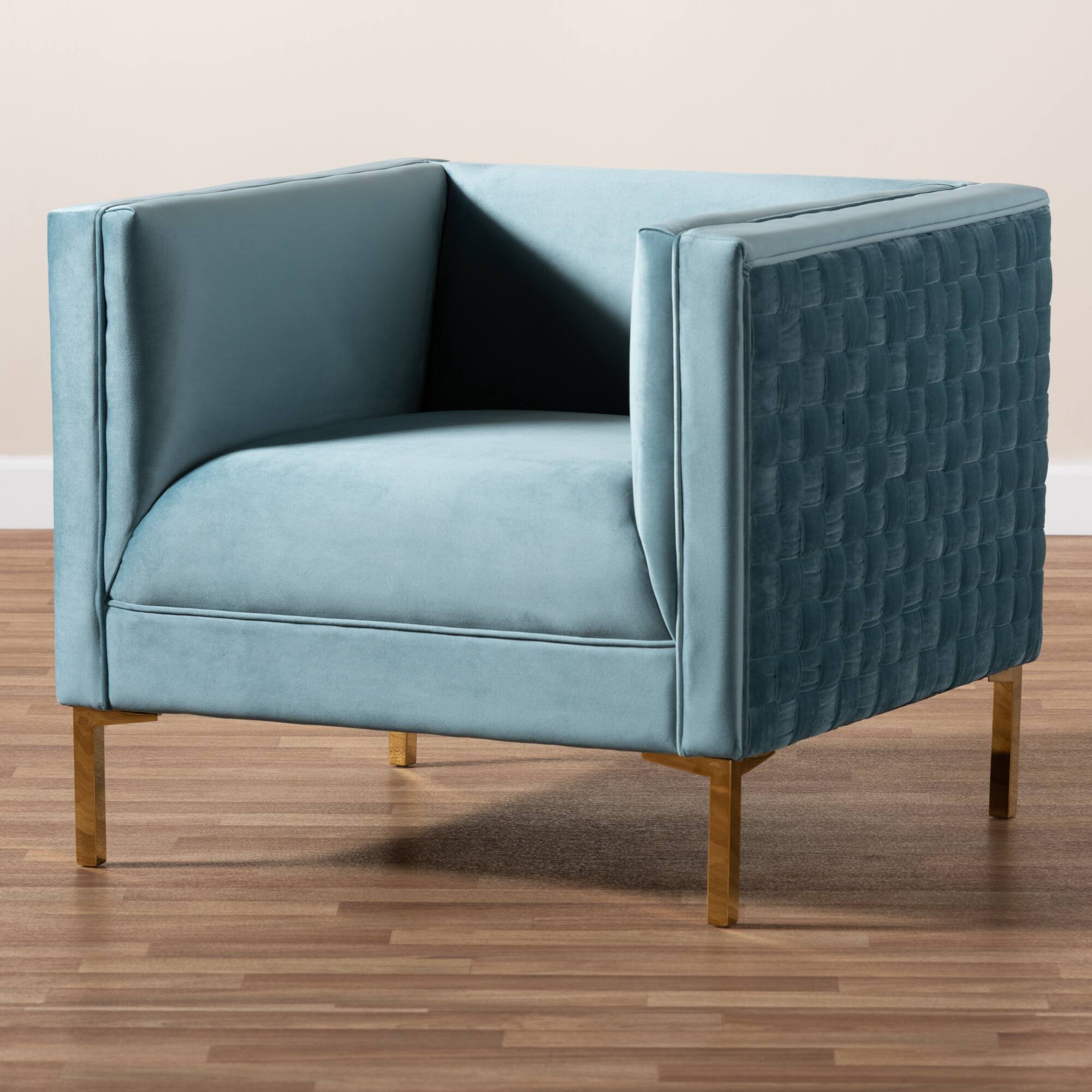 Alt View 4. Baxton Studio - Seraphin Glam and Luxe Velvet Fabric Upholstered Gold Finished Armchair - Light Blue/Gold.