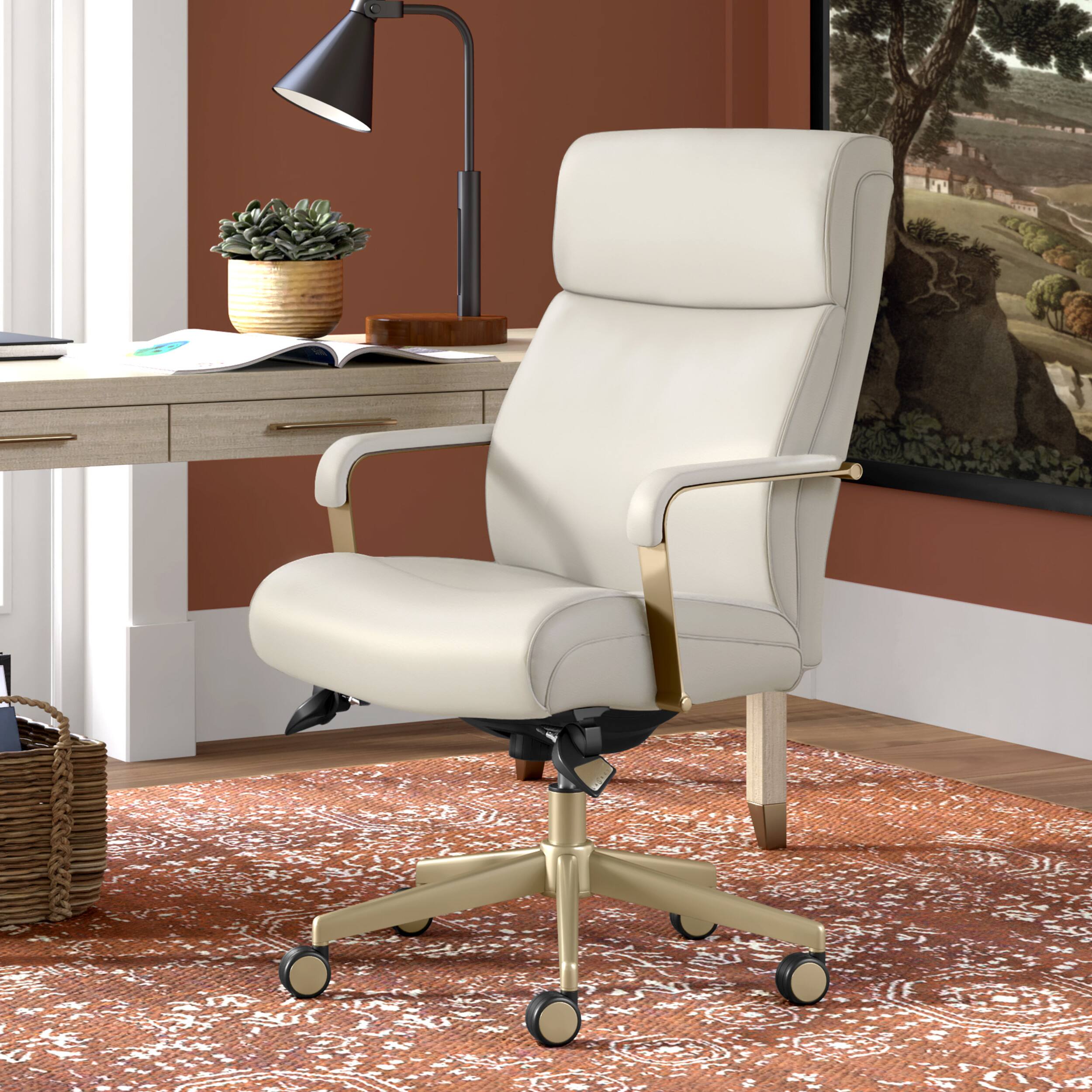 Left. La-Z-Boy - Modern Melrose Executive Office Chair with Brass Finish - Ivory.