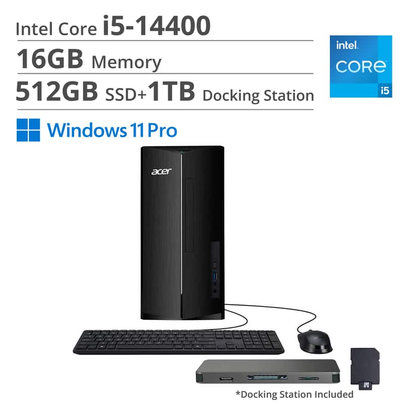 Acer - Aspire Desktop,Intel Core i5-14400,16GB RAM,512GB SSD+1TB Dock Set,Intel 730 UHD Graphics,Wi-Fi 6E,Win 11 Pro - Black