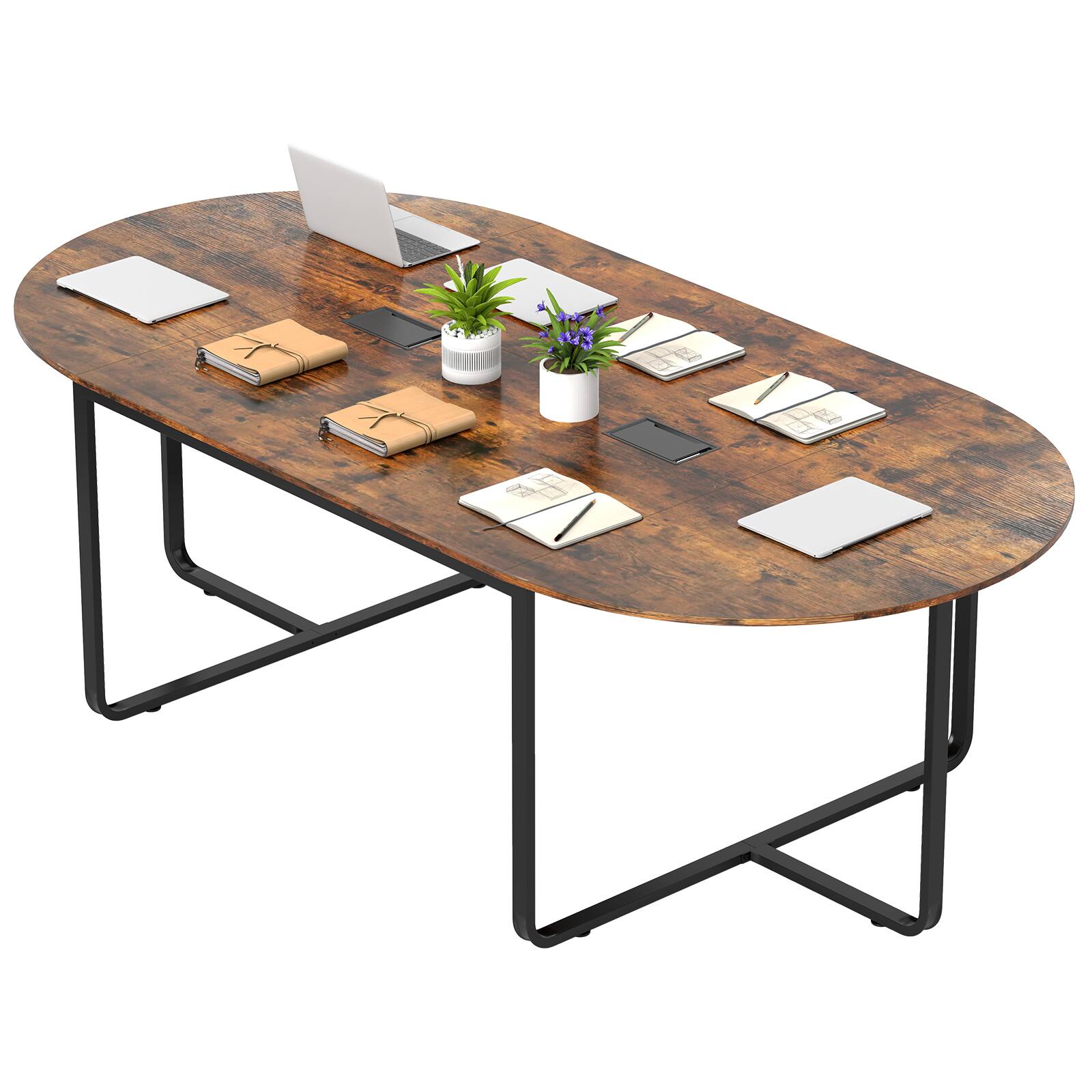 Back. SlickBlue - Modern Oval Executive Table with Dual Cable Ports for Conference Rooms - Rustic Brown.