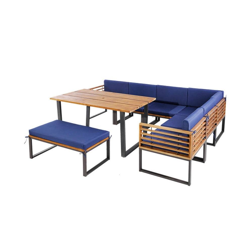 Angle. Pefilos - 8 Pieces Patio Acacia Wood Dining Table Set, Dining Table Set with Ottoman Cushions, Whole Patio Set for Outdoor - Blue.