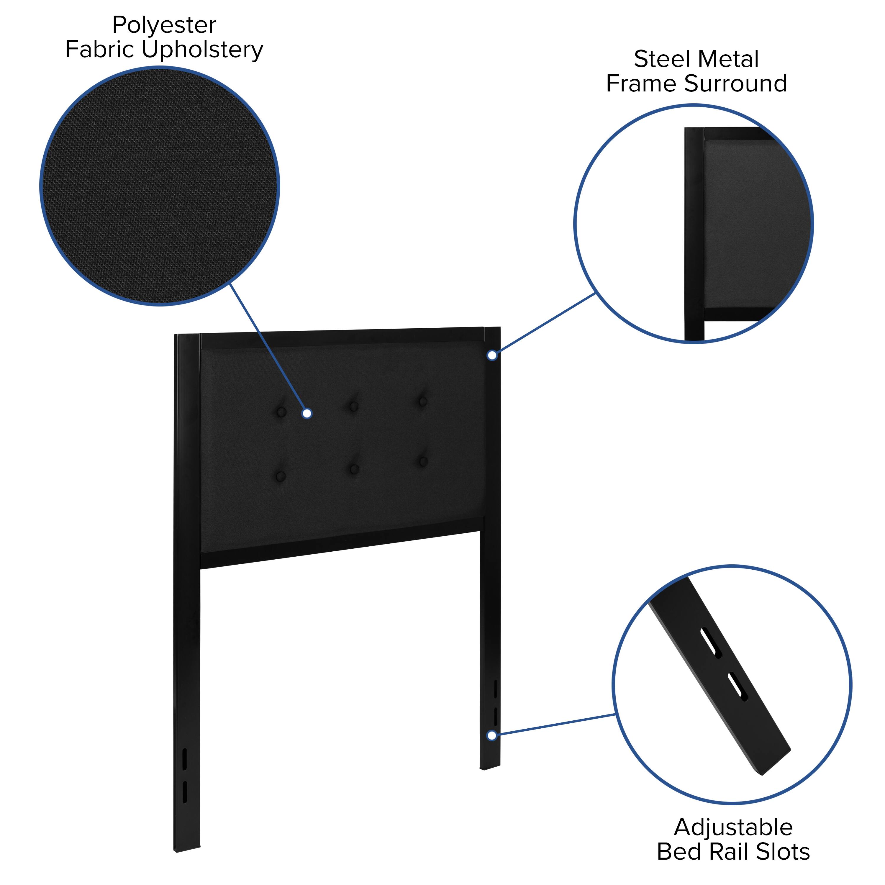 Polyester Fabric Upholstery  
Steel Metal Frame Surround  
Adjustable Bed Rail Slots