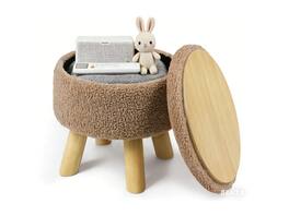 Oumilen - Round Teddy Fleece Storage Ottoman – Flip Wooden Lid, 4 Wood Legs Vanity Seat Bench for Home - Brown