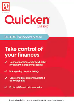 PC MAG.COM EDITORS' CHOICE
Quicken Classic
DELUXE | Windows & Mac
Take control of your finances
- Connect banking, credit card, debt, investment & property accounts
- Manage & grow your savings
- Create multiple custom budgets & track spending
- Project different debt scenarios
1-year subscription | Includes automatic connection to latest, up-to-date version