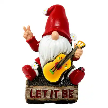 Front. OrnamentallyYou - Hippy Gnome with Guitar Garden Statue, Unique Flowers and Peace Sign - Red.