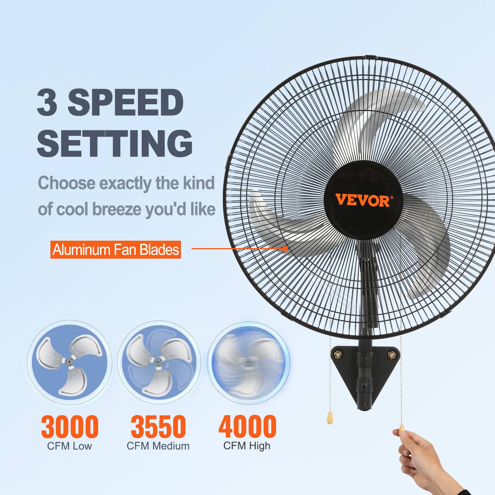 3 SPEED SETTING, Choose exactly the kind of cool breeze you'd like, VEVOR Aluminum Fan Blades, 3000 CFM Low, 3550 CFM Medium, 4000 CFM High.