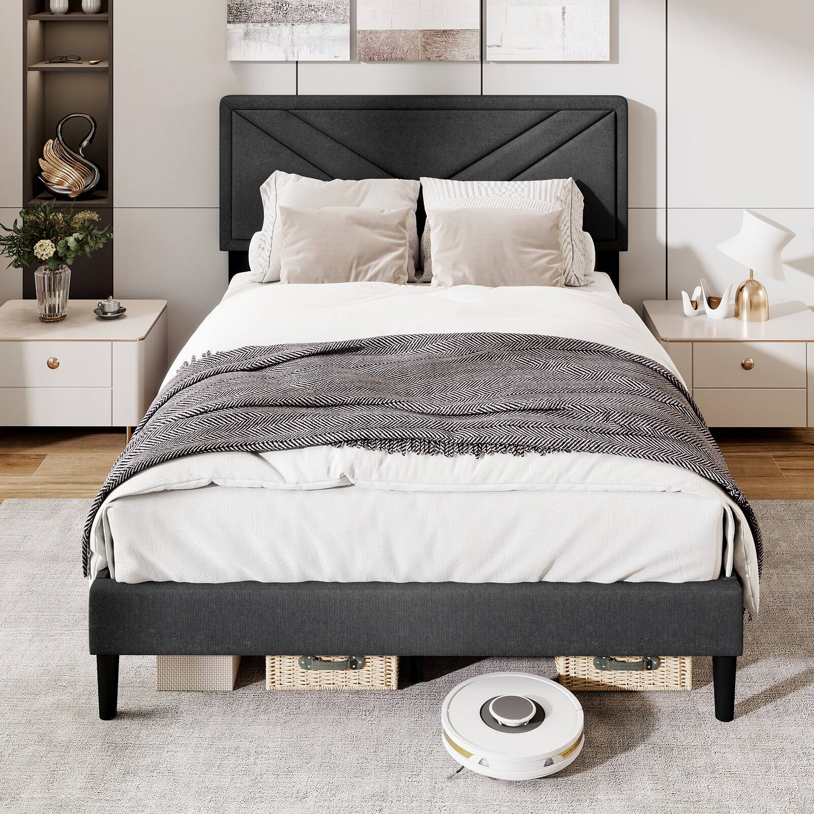 Alt View 3. Gymax - Gymax Full Size Bed Frame w/ Tufted Headboard & Wooden Slats Easy Assembly - Gray.