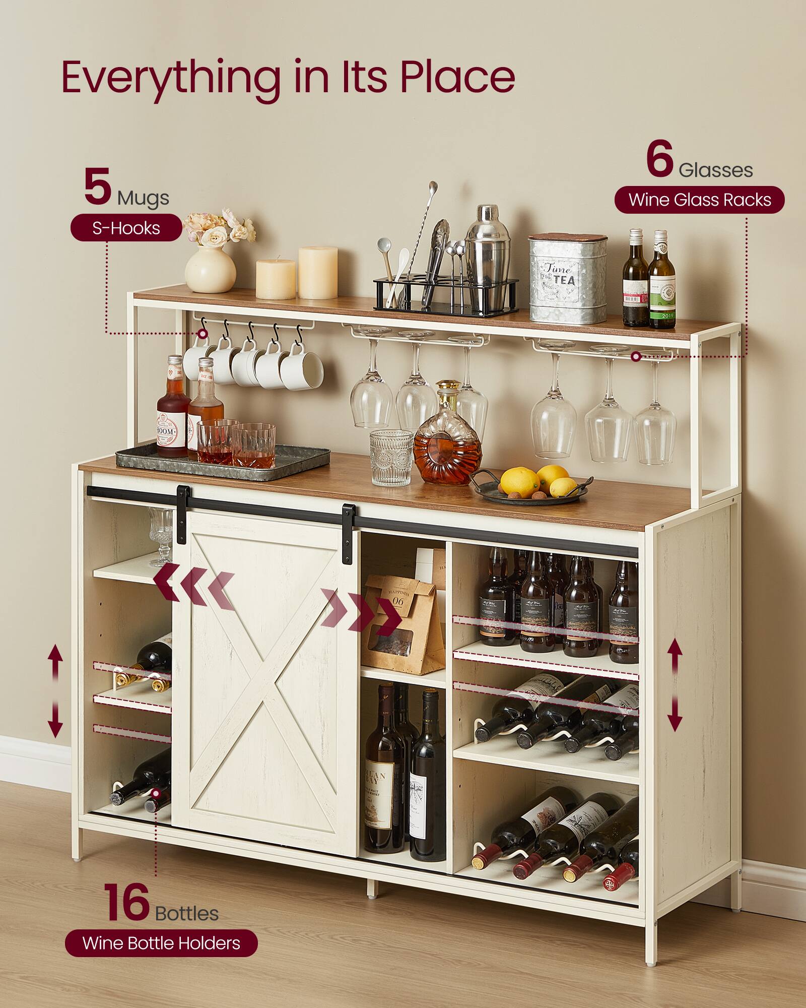 Everything in Its Place  
5 Mugs  
S-Hooks  
6 Glasses  
Wine Glass Racks  
16 Bottles  
Wine Bottle Holders