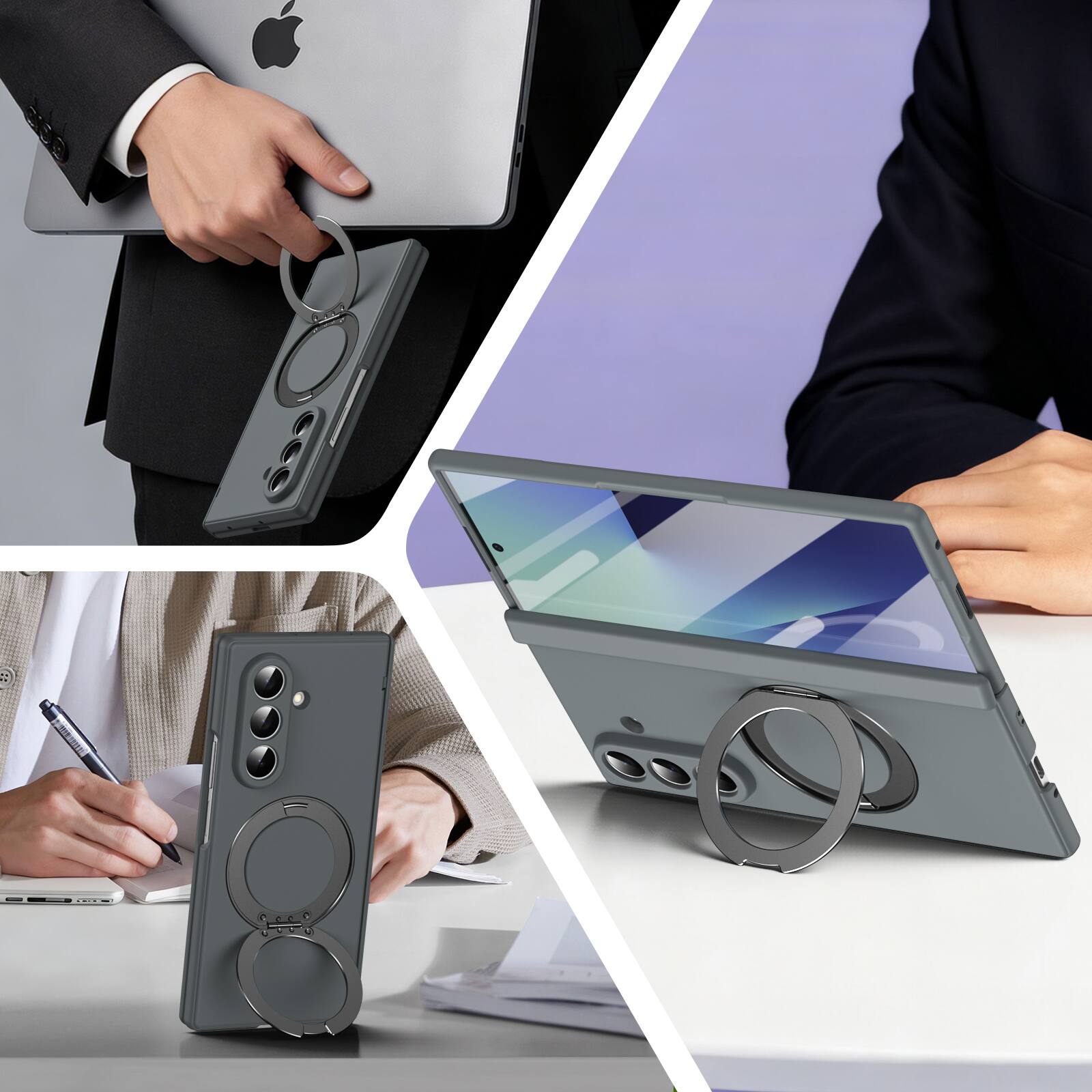 Angle. Dteck - For Samsung Galaxy Z Fold 7 Rugged Case With Screen Protector, Shockproof Magnetic Ring Stand Hinge Protection Cover - Gray.