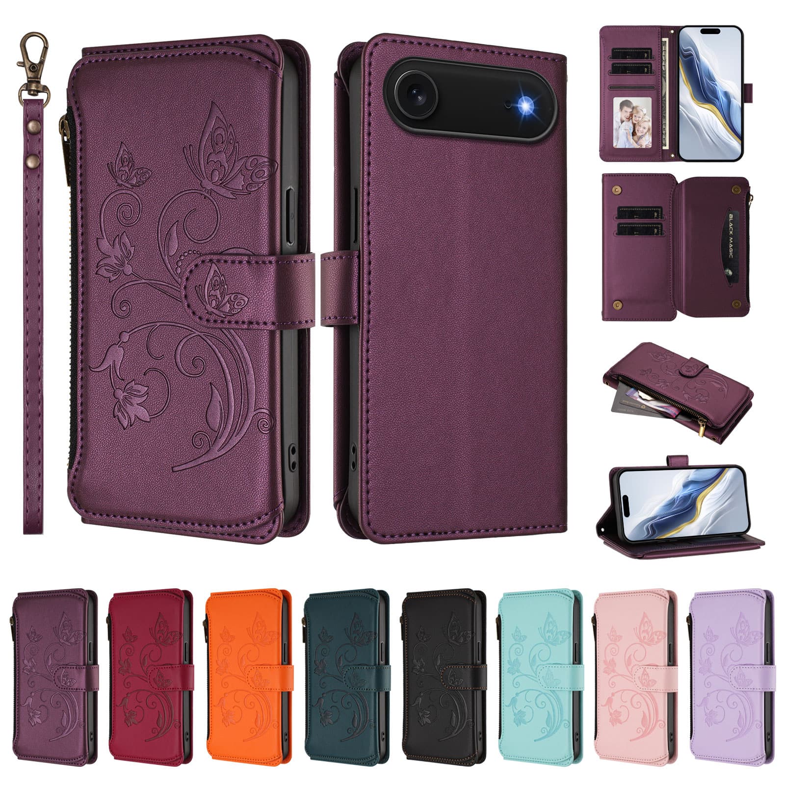 Dteck - Crossbody Wallet Case for Apple iPhone Air,Embossed Butterfly Flower Folio Faux Leather Cover with Zipper Pocket + Strap - Darkpurple price history on PriceWatchPro