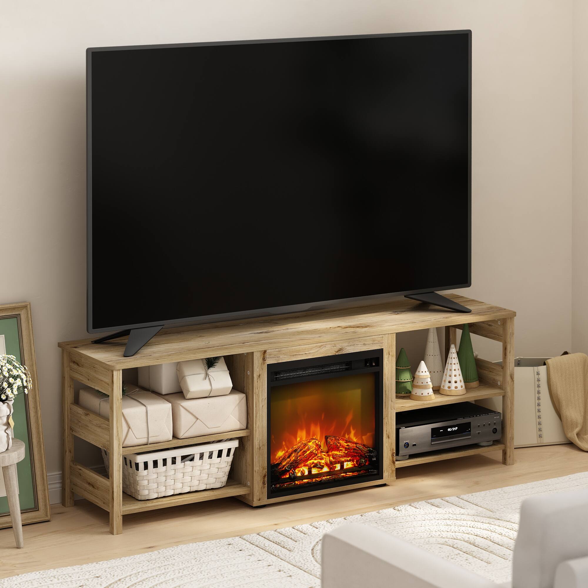 Alt View 1. Furinno - CLASSIC Fireplace TV Stand, Entertainment Center, with Open Shelf, for Living Room - Brown Oak.