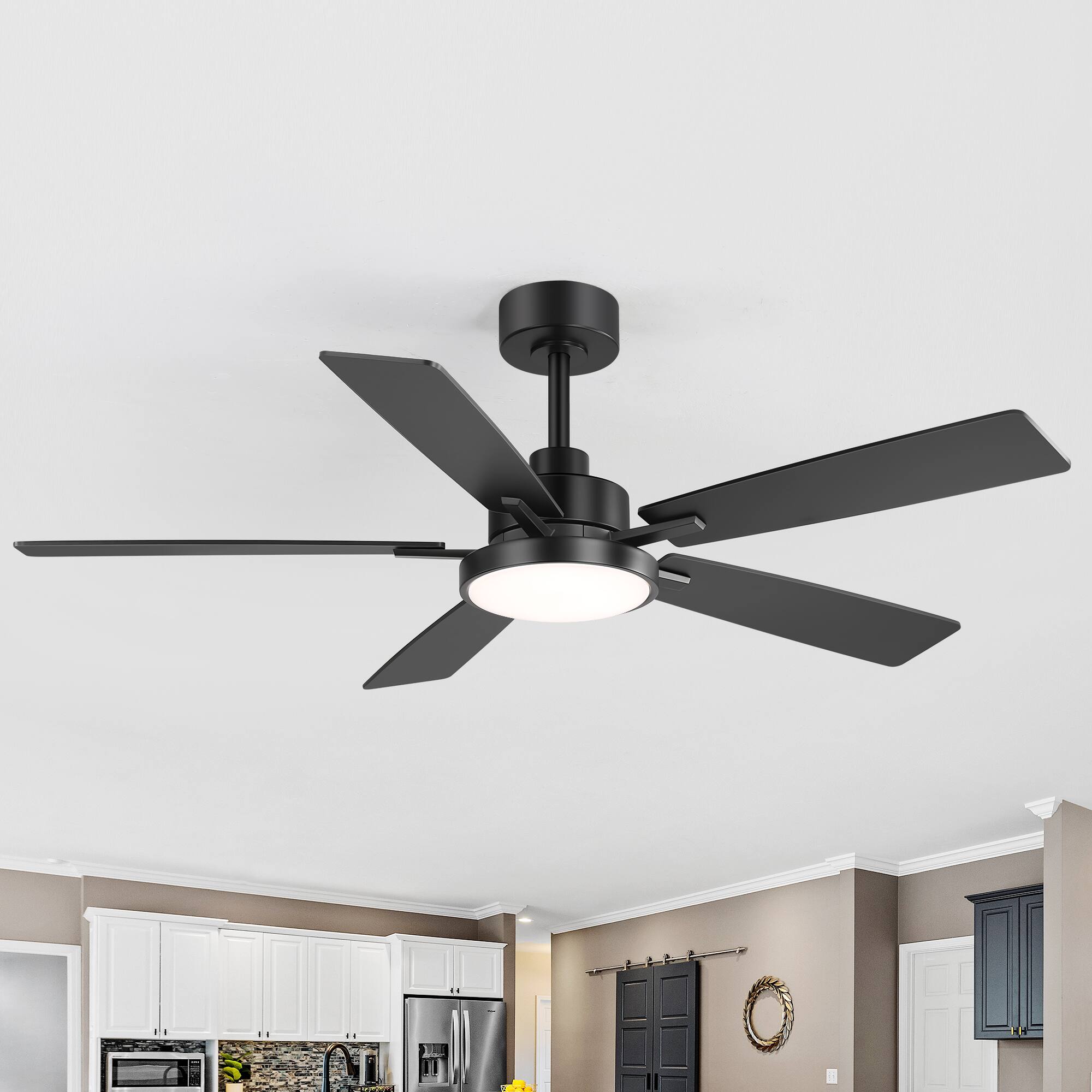 Back. Breezary - 52-in Large Indoor Ceiling Fan with 6-Speed DC Motor, LED Light, Remote & 5/10'' Downrods, 5 Reversible Blades - Black and Charcoal Wood-Grain.