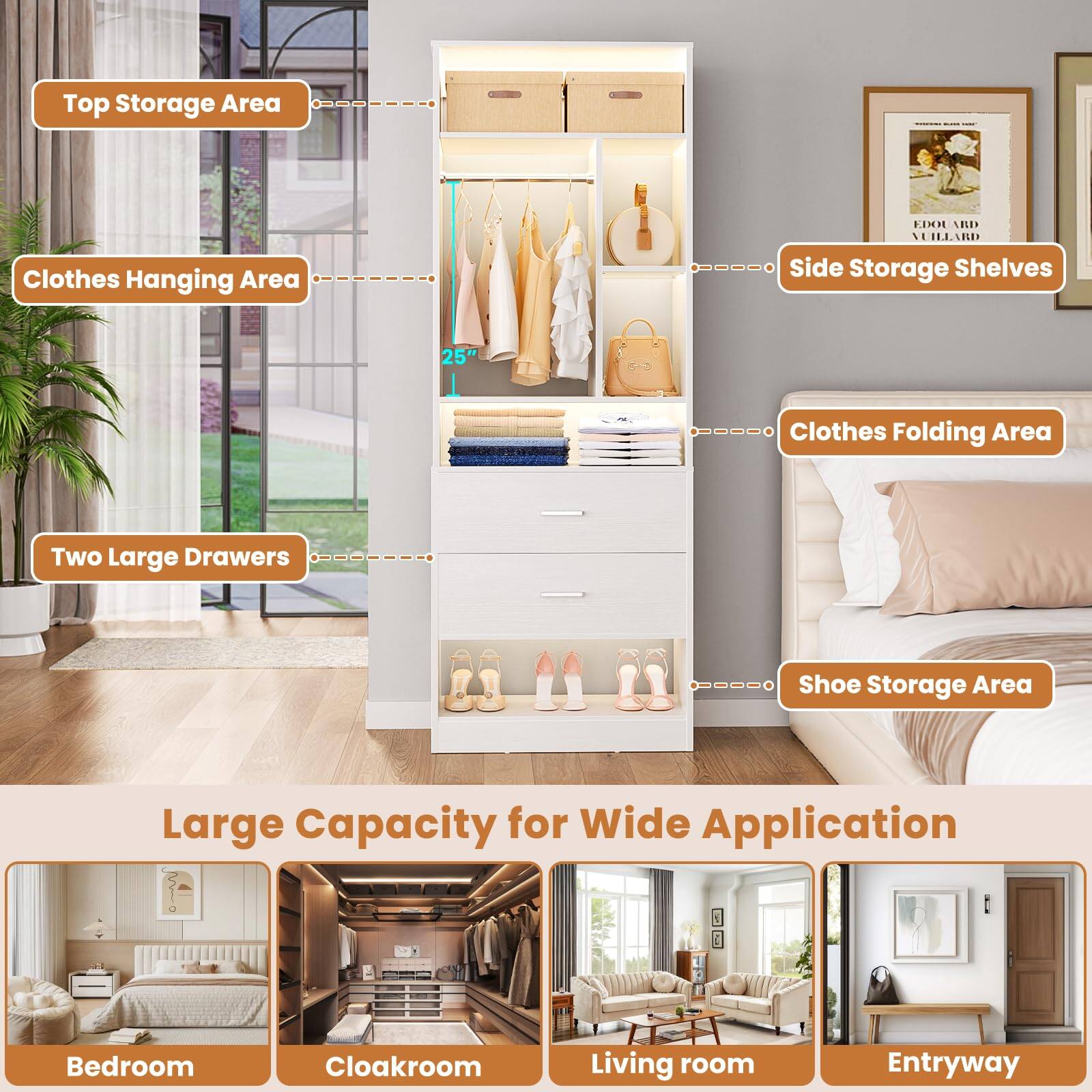 Top Storage Area  
Clothes Hanging Area  
Side Storage Shelves  
Clothes Folding Area  
Two Large Drawers  
Shoe Storage Area  

Large Capacity for Wide Application  
Bedroom  
Cloakroom  
Living room  
Entryway