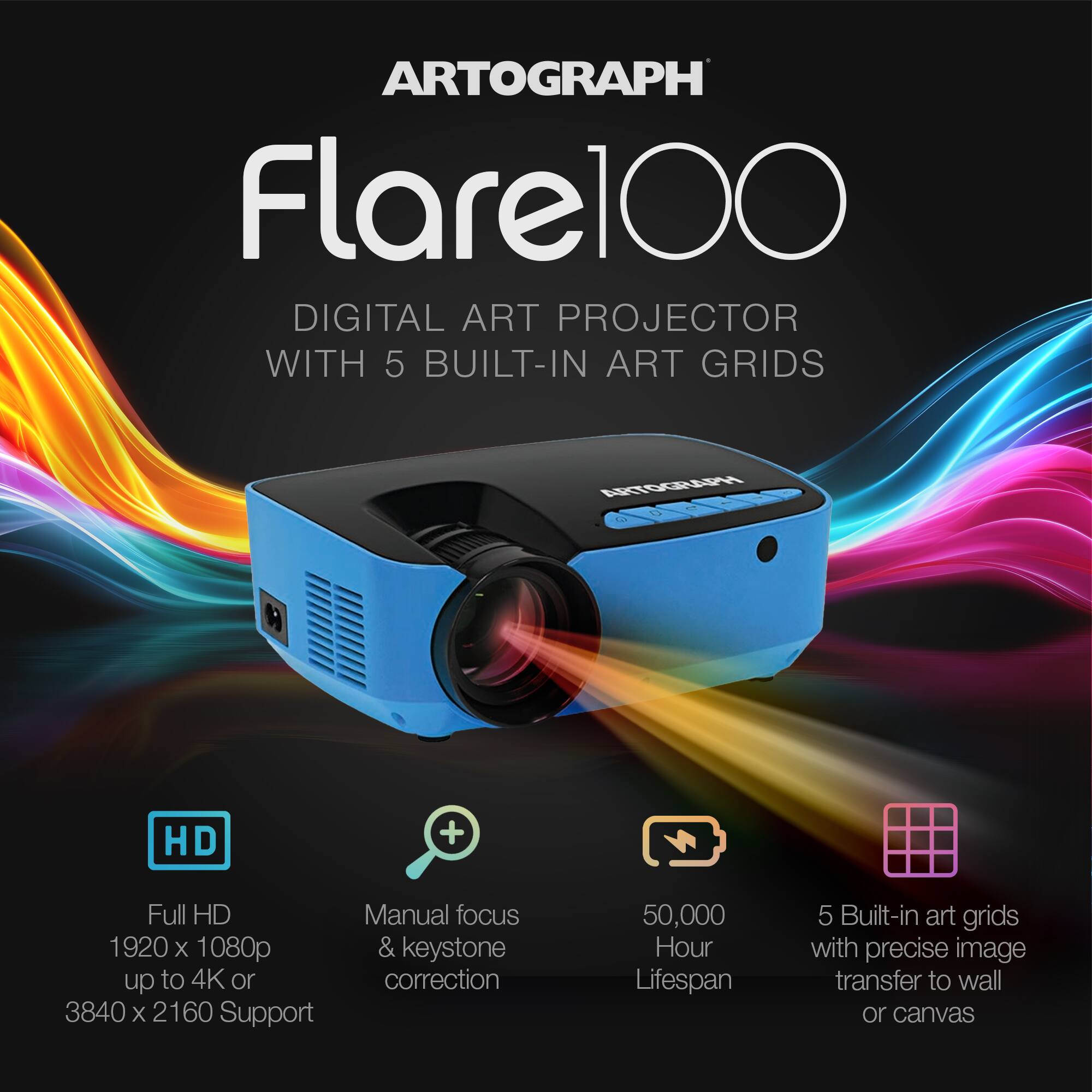 ARTOGRAPH Flare100  
DIGITAL ART PROJECTOR WITH 5 BUILT-IN ART GRIDS  

- Full HD 1920 x 1080p & up to 4K or 3840 x 2160 Support  
- Manual focus & keystone correction  
- 50,000 Hour Lifespan  
- 5 Built-in art grids with precise image transfer to wall or canvas